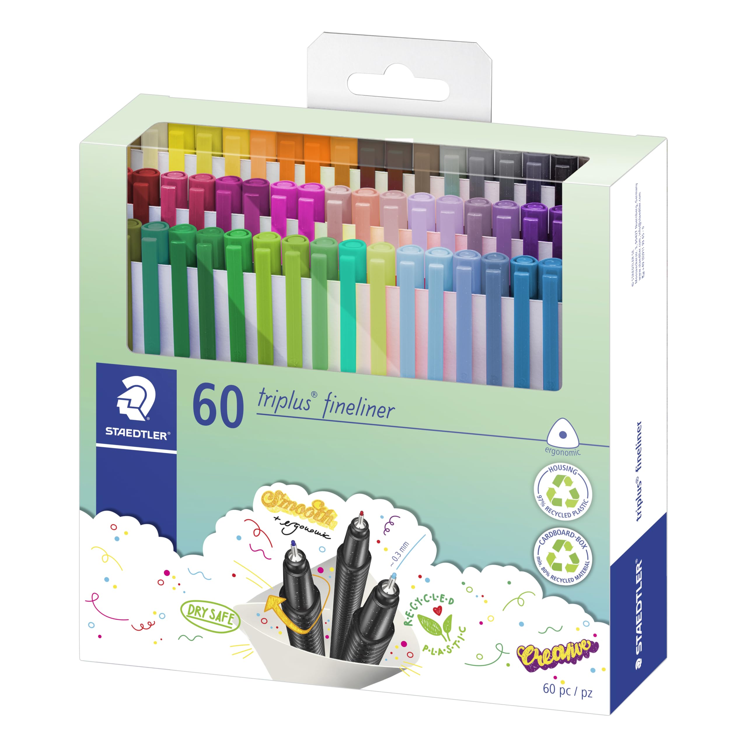 STAEDTLER 334 C60 Triplus Fineliner Pen - 0.3mm Superfine Tip | 60 Count Assorted Colours