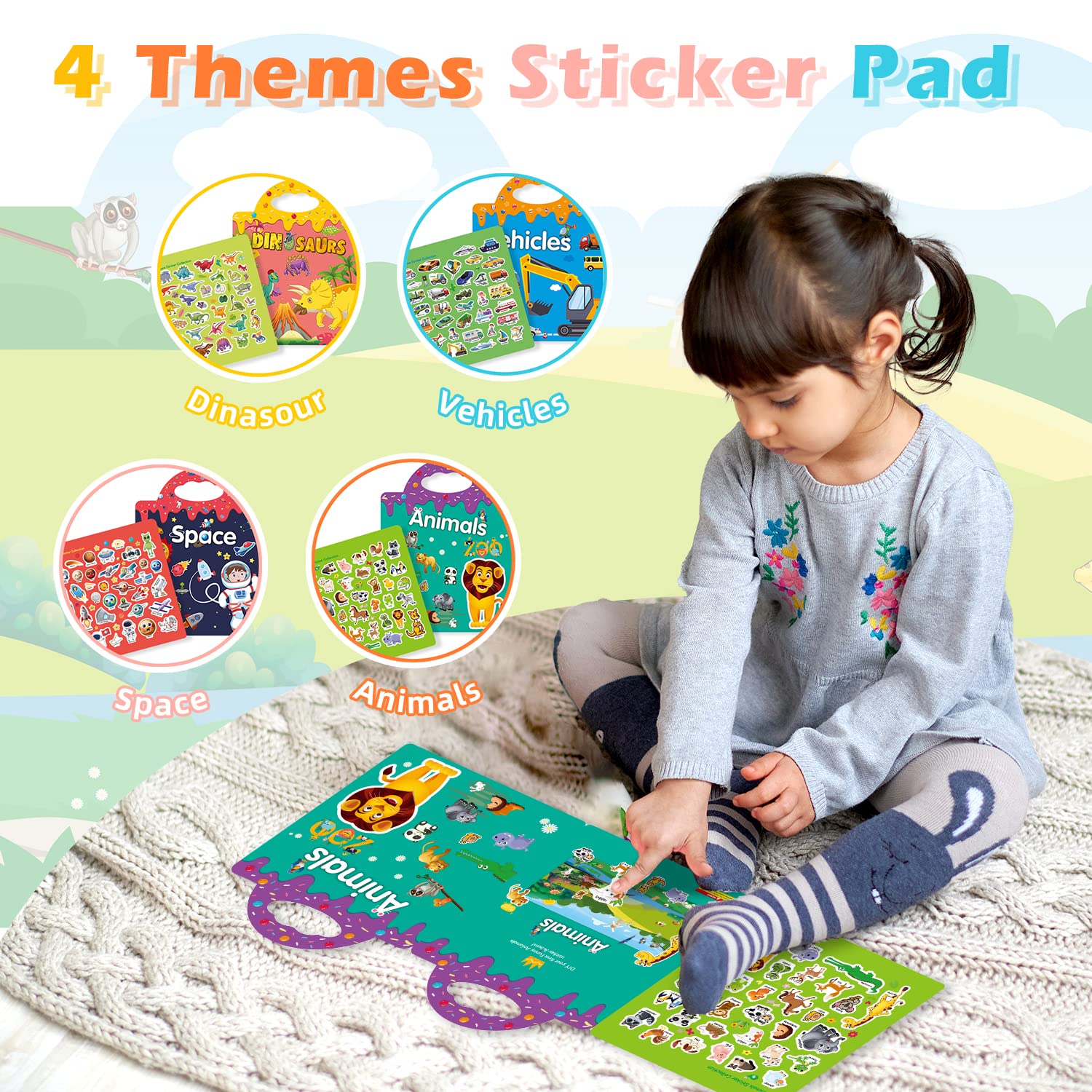 GUYUCOM 4 Pack Reusable Sticker Books for Kids Ages 3+ | Dinosaur, Animal, Space, Vehicle Themes