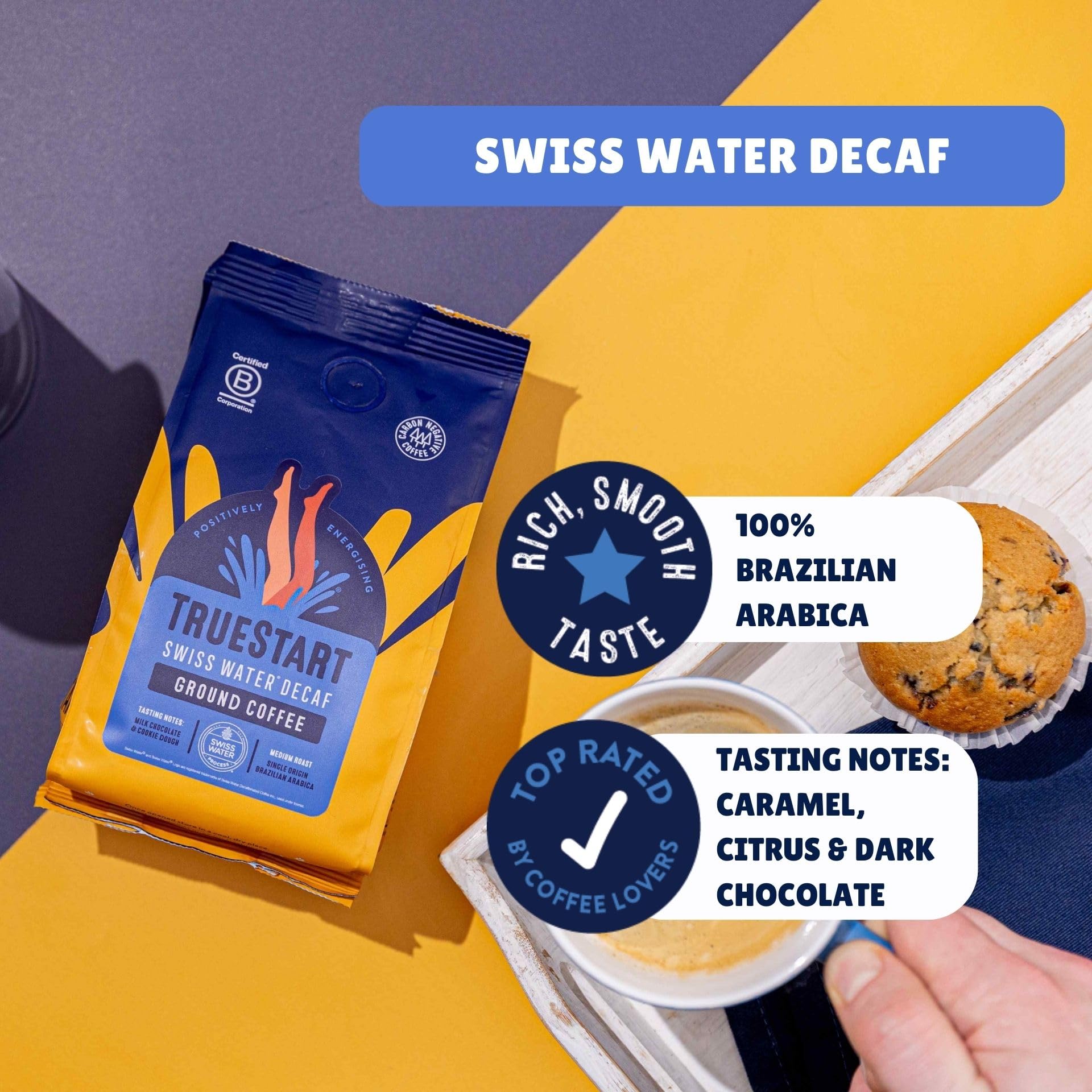 TRUESTART Swiss Water Decaf Ground Coffee - 100% Arabica, Medium Roast | 200g Bag