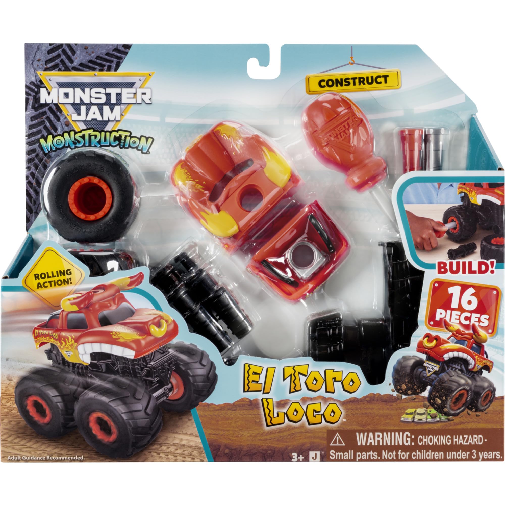 Jazwares Monster Jam El Toro Loco Monstruction Truck - 5-Inch Buildable Vehicle | 16 Pieces | Ages 3+