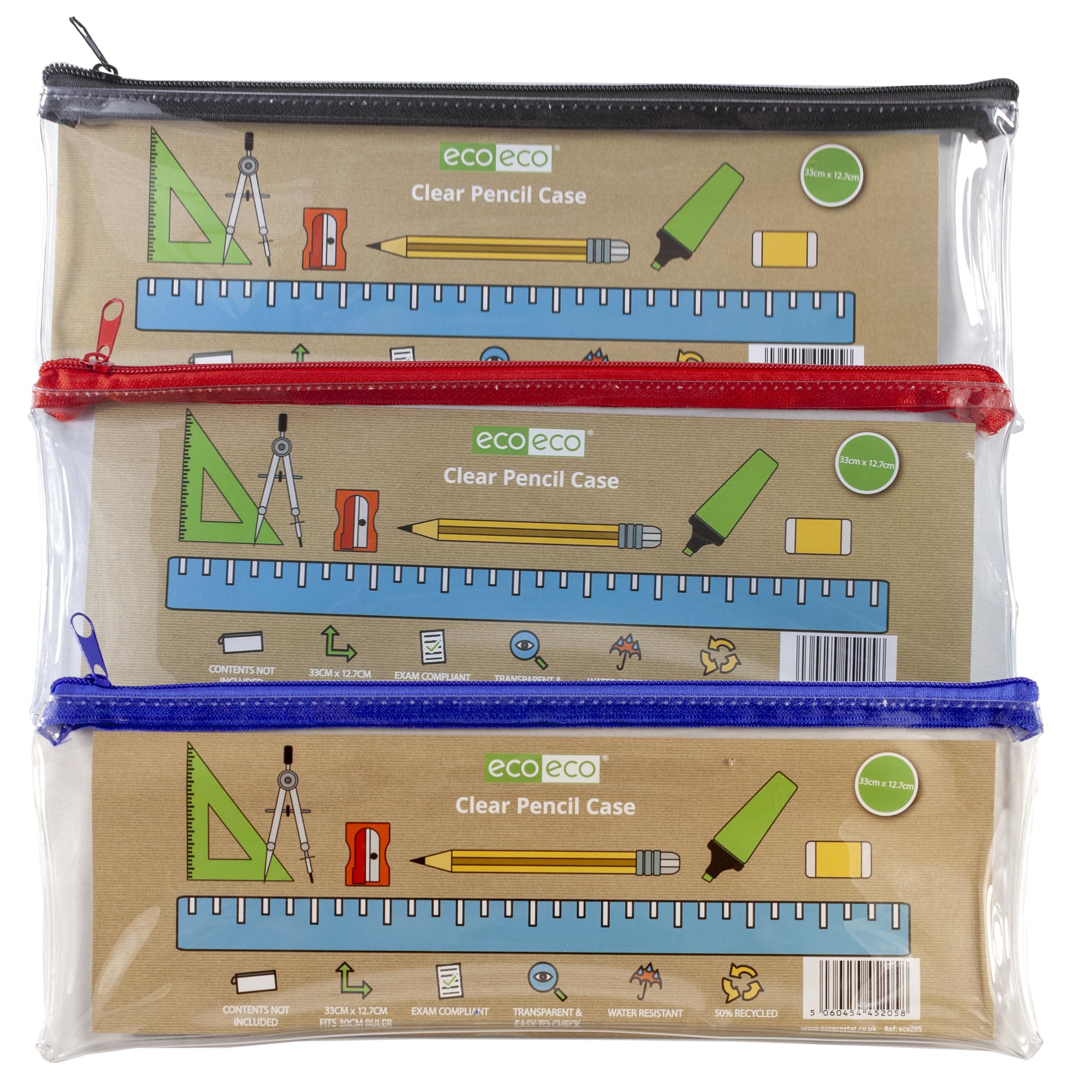 eco-eco 50% Recycled Long Clear Exam Pencil Case - Pack of 3 | Water Resistant | Fits 30cm Ruler