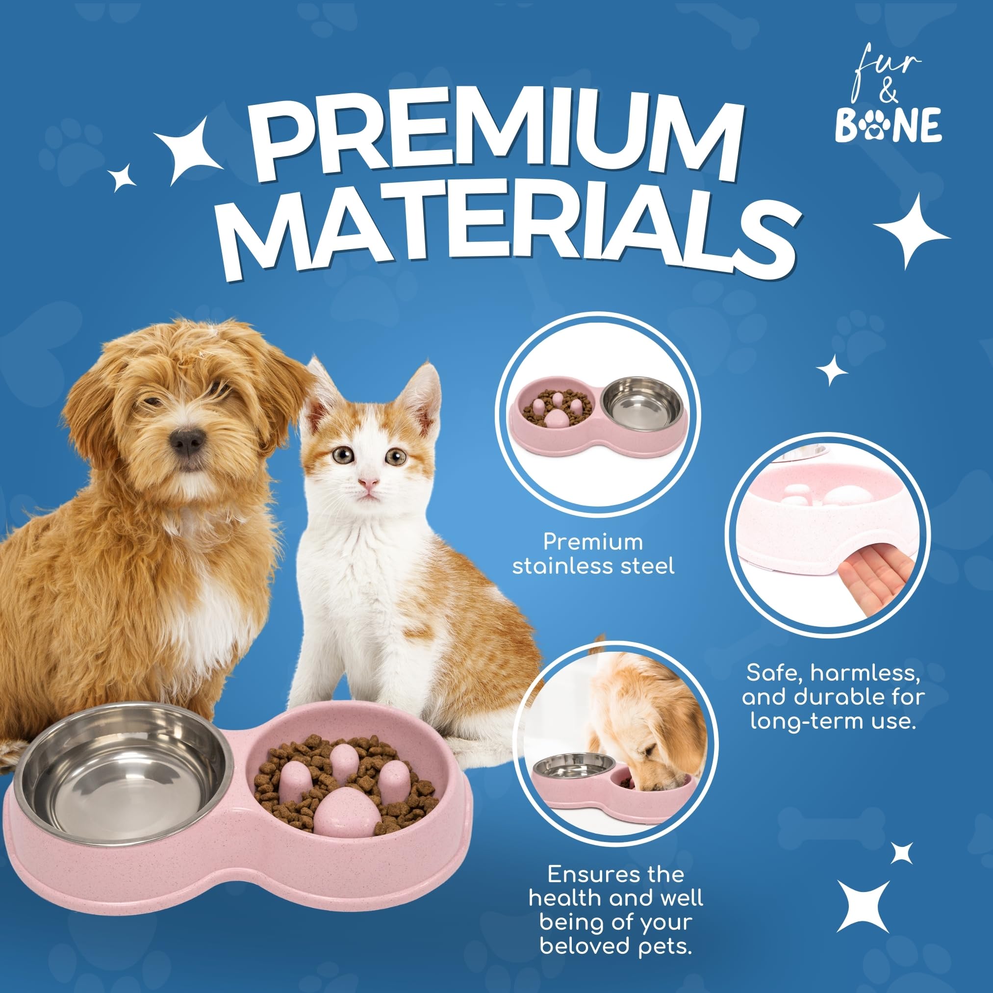 Fur & Bone Double Slow Feeder Dog Bowl - Stainless Steel & Wheat Straw | Non-Slip Base | Pink