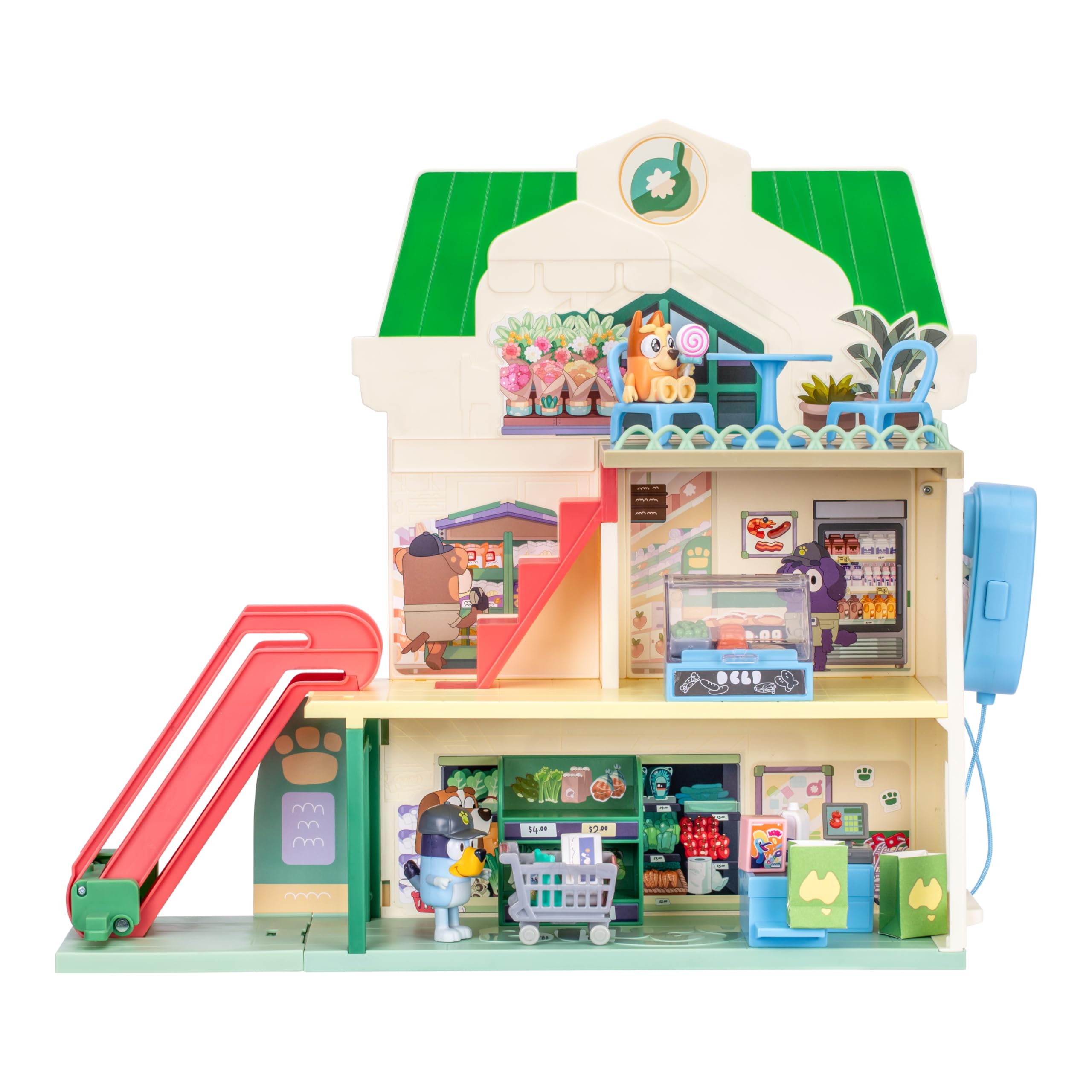 Bluey Supermarket Playset - 3 Levels, Working Escalator | Includes Exclusive Bluey & Bingo Figures