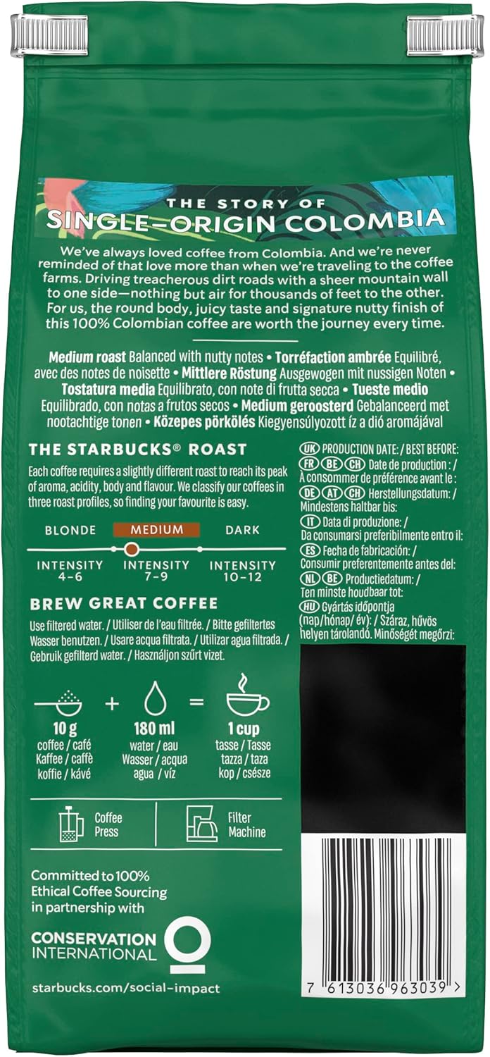 STARBUCKS Single-Origin Colombia Medium Roast Ground Coffee 200g (Pack of 6)