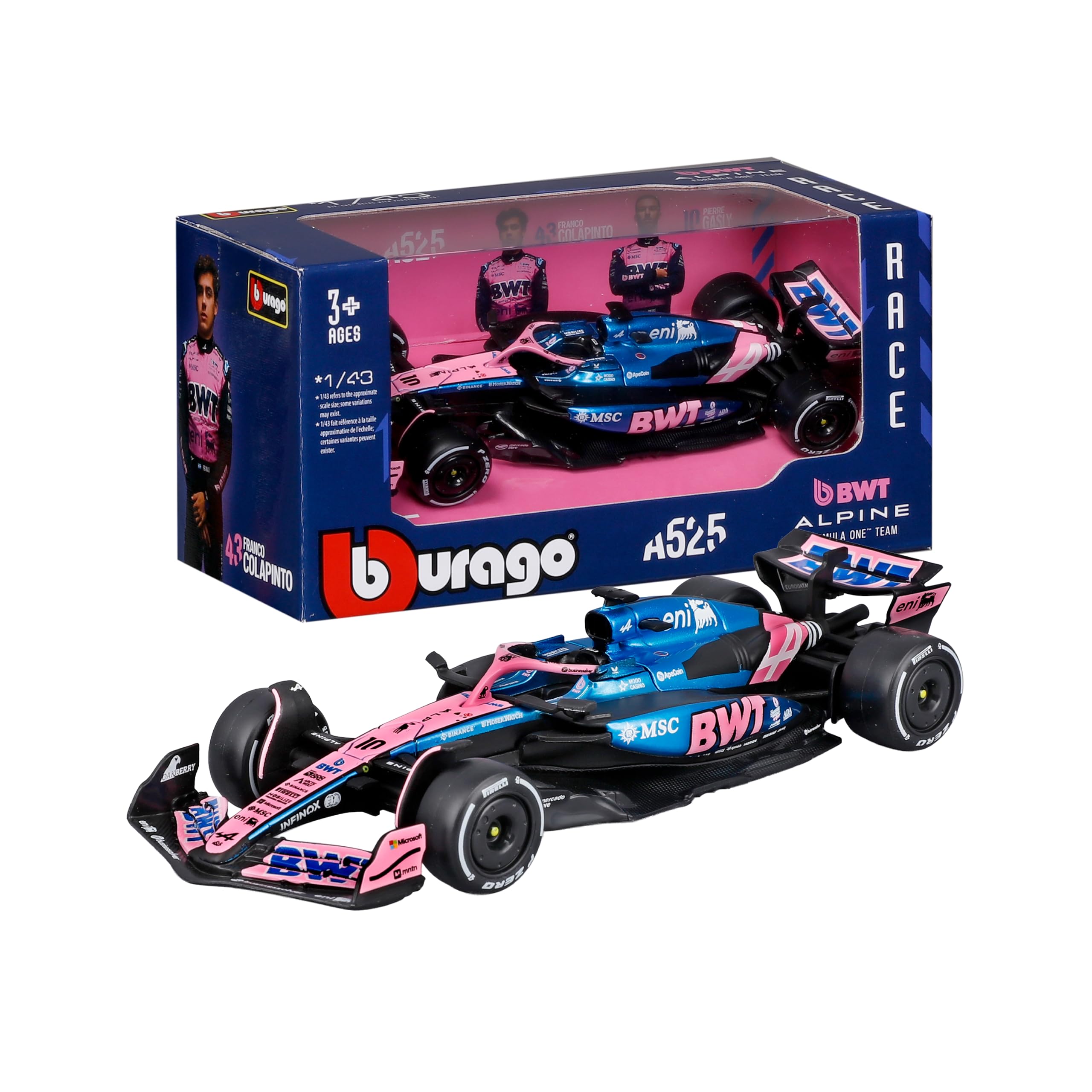 Bburago BWT Alpine A525 2025 #10 Gasly 1:43 Scale Diecast Car | Metal | Pink 1