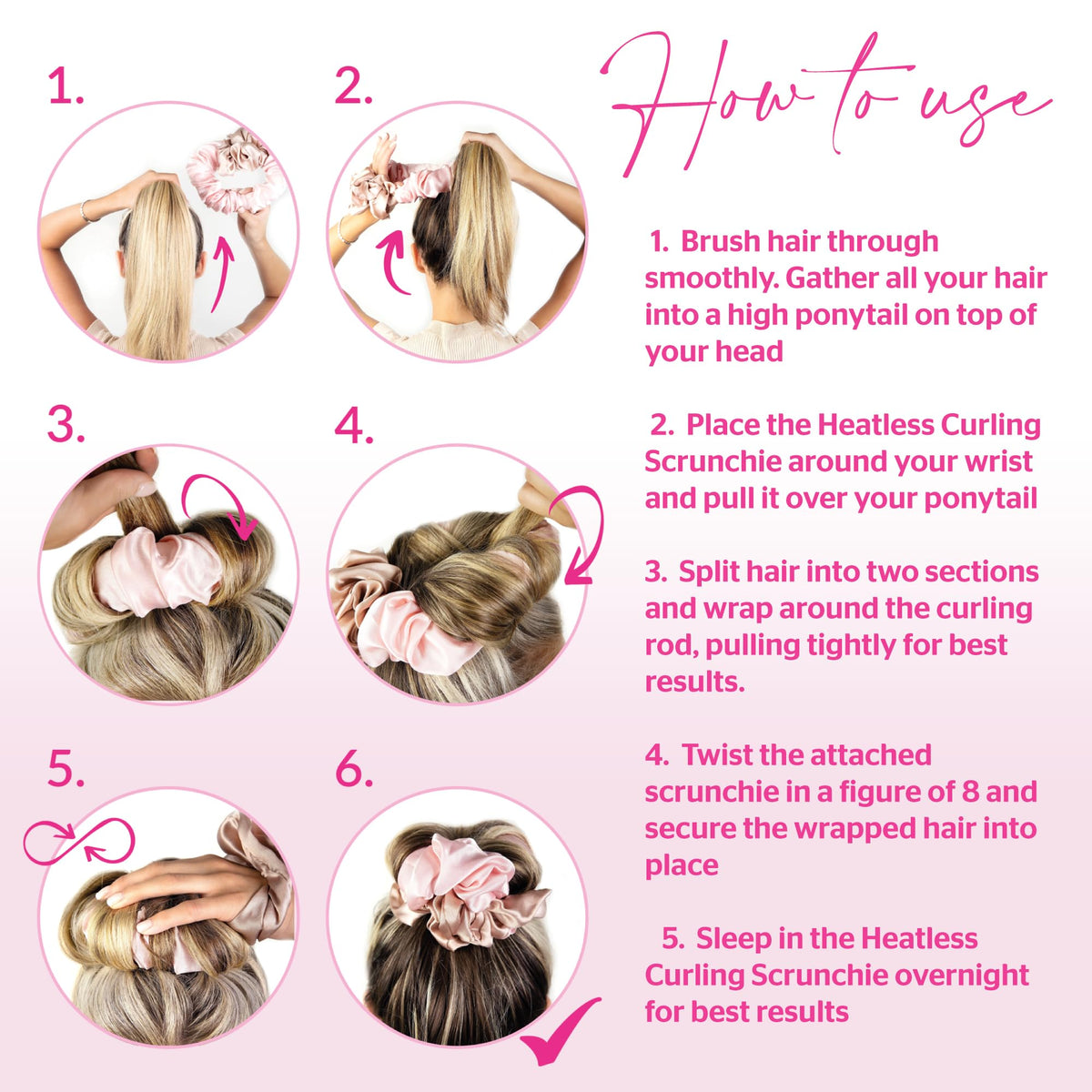 Brushworks Heatless Curling Scrunchie - Create Curls Overnight | Satin Finish | Pink