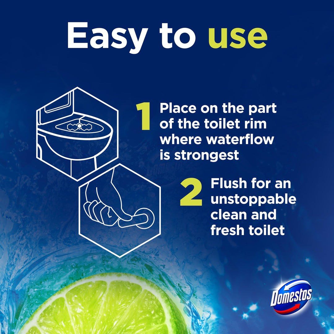 Domestos Power 5 Lime Toilet Rim Blocks 2x 50 g - Long-Lasting Toilet Freshener with Limescale Prevention
