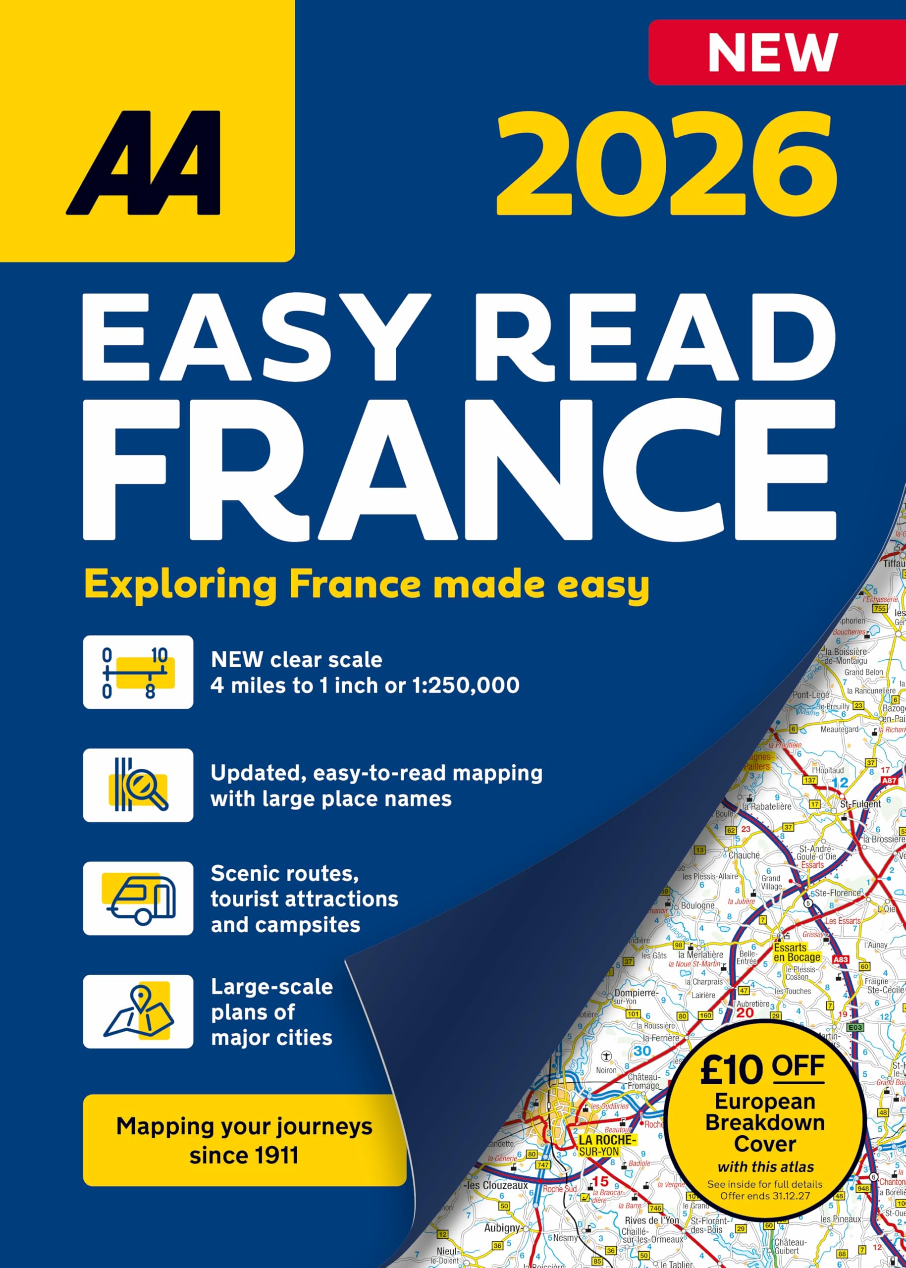 AA Easy Read France 2026 Spiral Bound Road Atlas | 1:250,000 Scale Mapping | Includes Corsica & City Plans 1