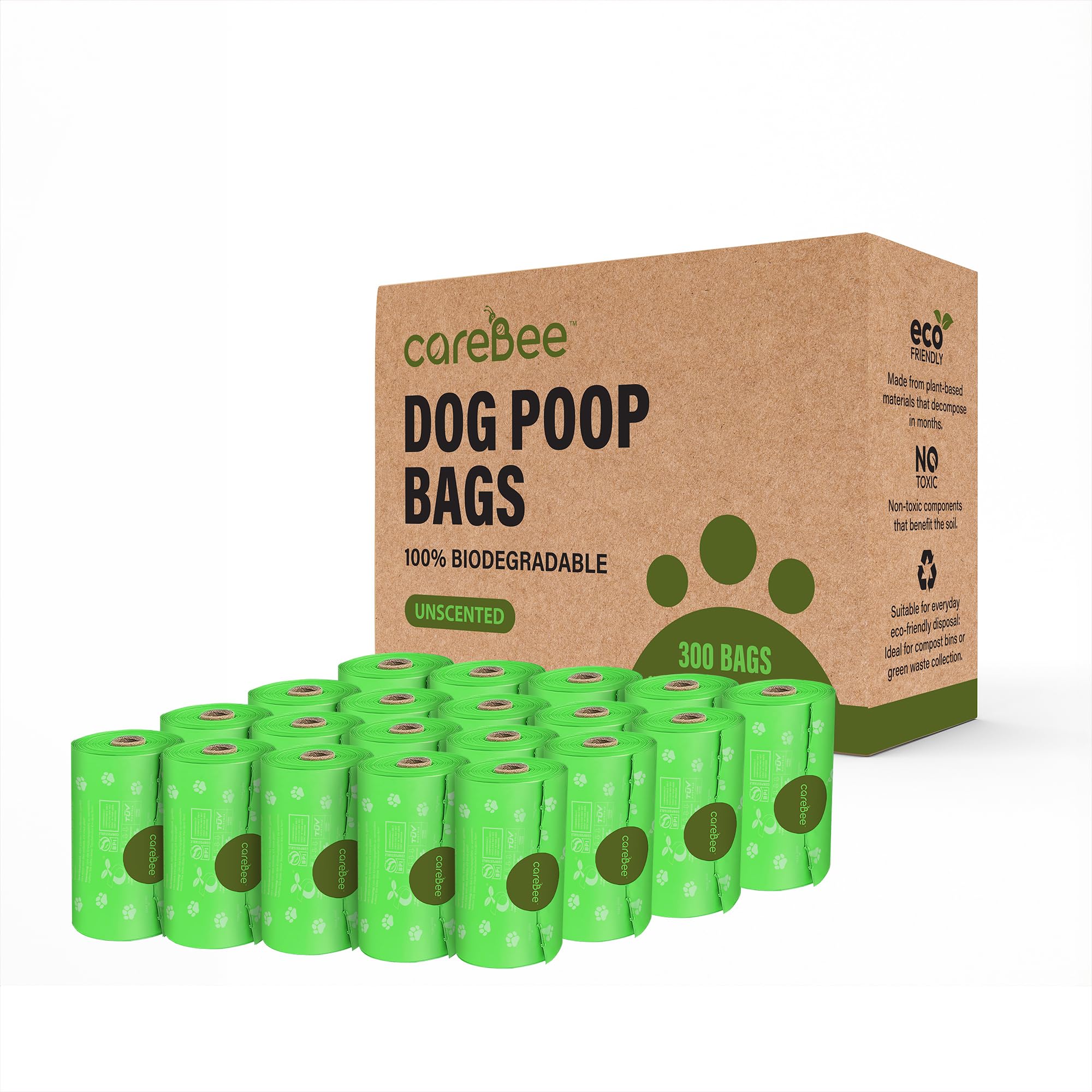 CareBee Dog Poo Bags - 300 Unscented Leak-Proof Rolls | Extra Thick | Recyclable