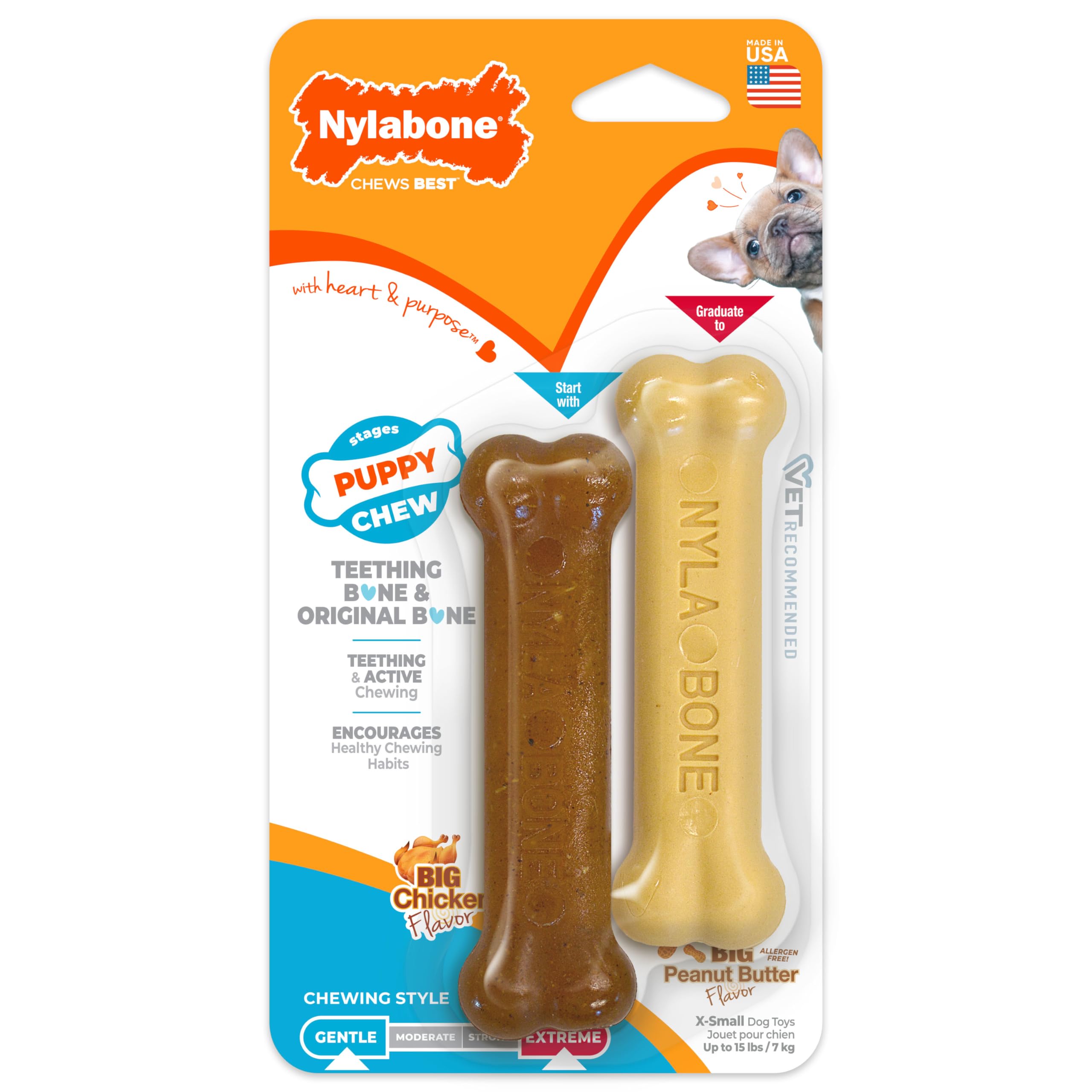 Nylabone Gentle Puppy Chew Toy Bones - Chicken & Peanut Butter Flavour, XS, Up to 7kg (Twin Pack) 9