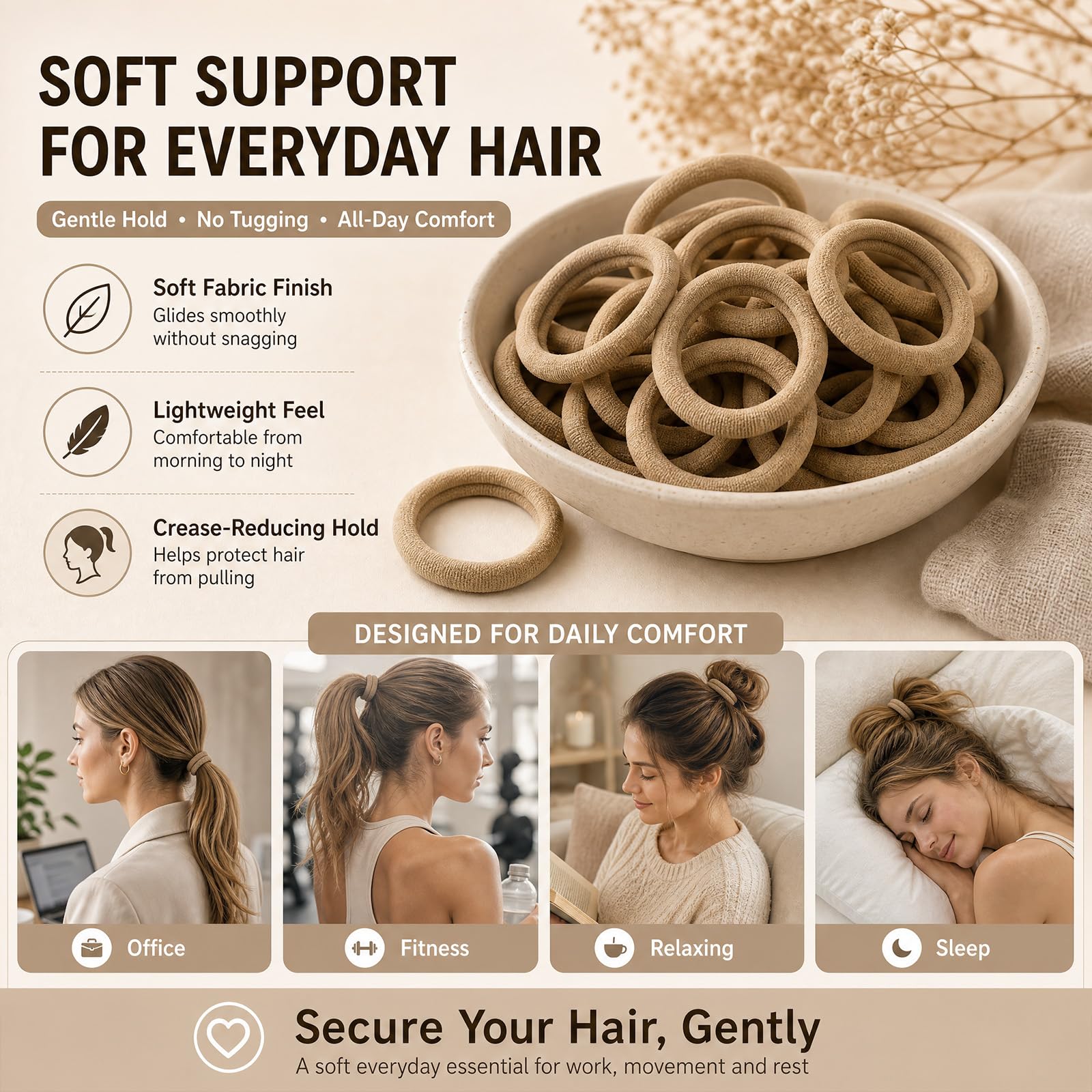 Admygo Elastic Hair Ties - 50 Pack Seamless Thick Hair Ties | High Elasticity | Light Brown 5