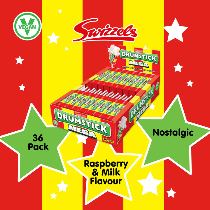 Swizzels Mega Original Drumstick Raspberry and Milk Flavoured Lollies, Multipack Bulk Box (36 Lollies)