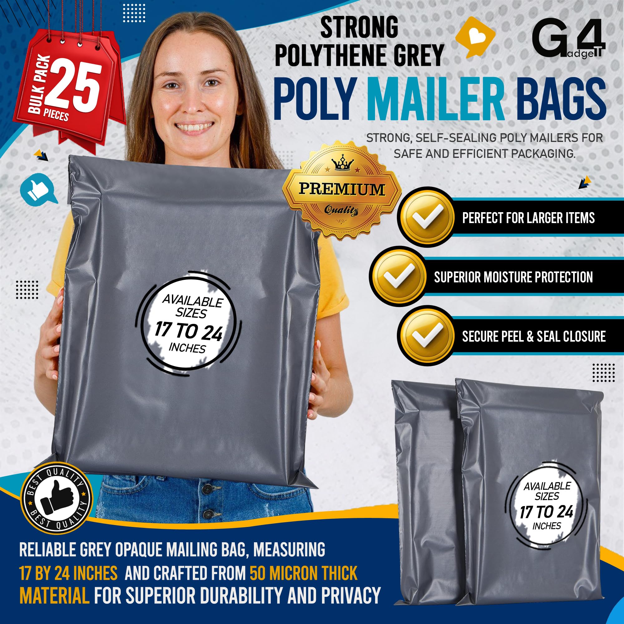 G4GADGET Large Grey Box Mailers - 25 Pack | 17 x 24 Inches | Strong Plastic Poly Mailers 2