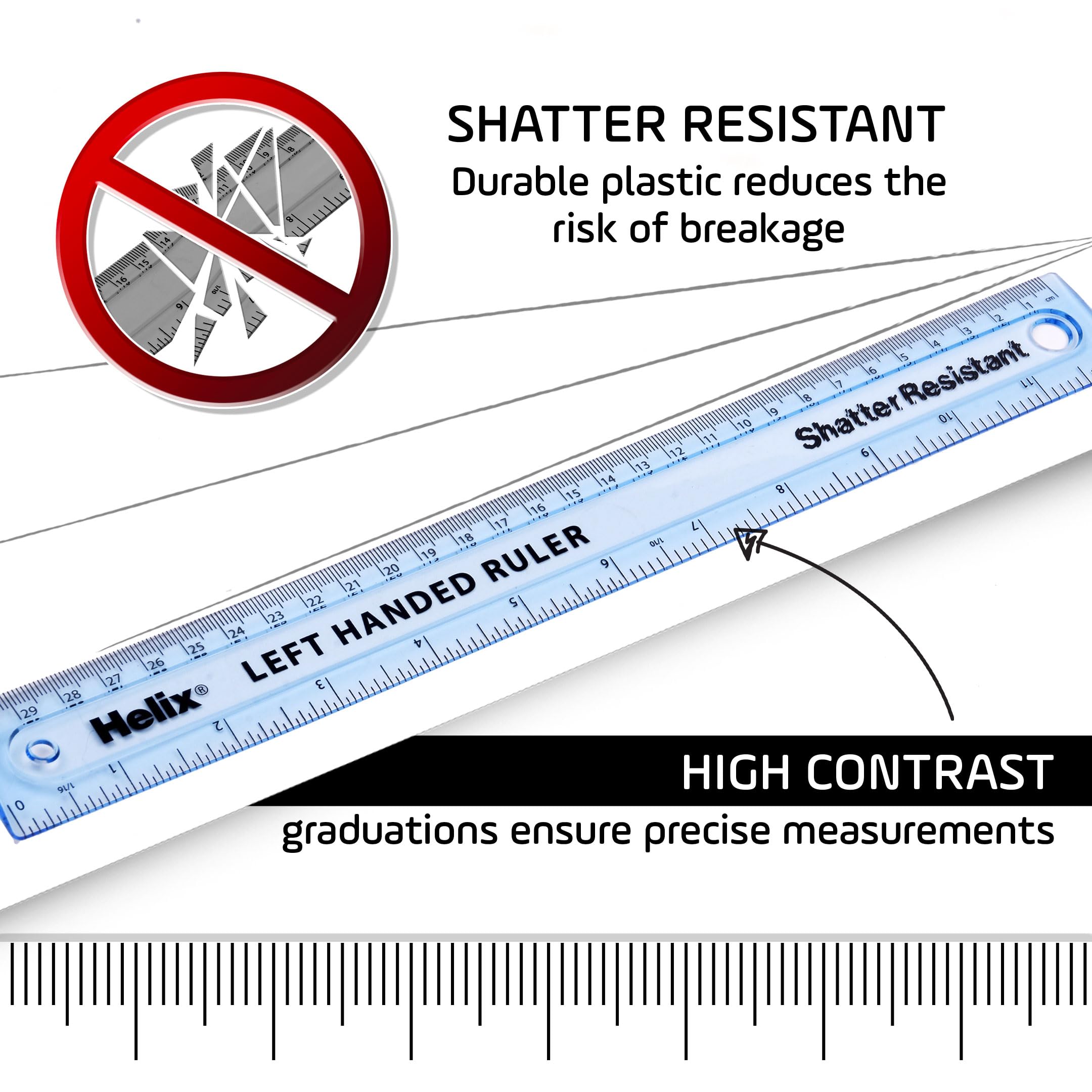 Helix 30cm Left Handed Ruler - Shatter Resistant Plastic, Metric & Imperial Graduations | Blue
