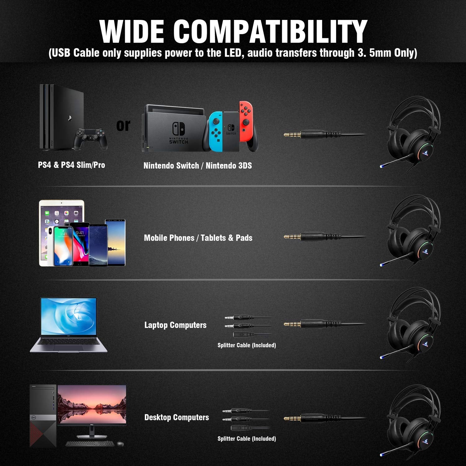 LYCANDER LGH-569 Gaming Headset with Microphone, 50mm Drivers, LED Light, 3.5mm for PC, PS, Xbox, Switch 6