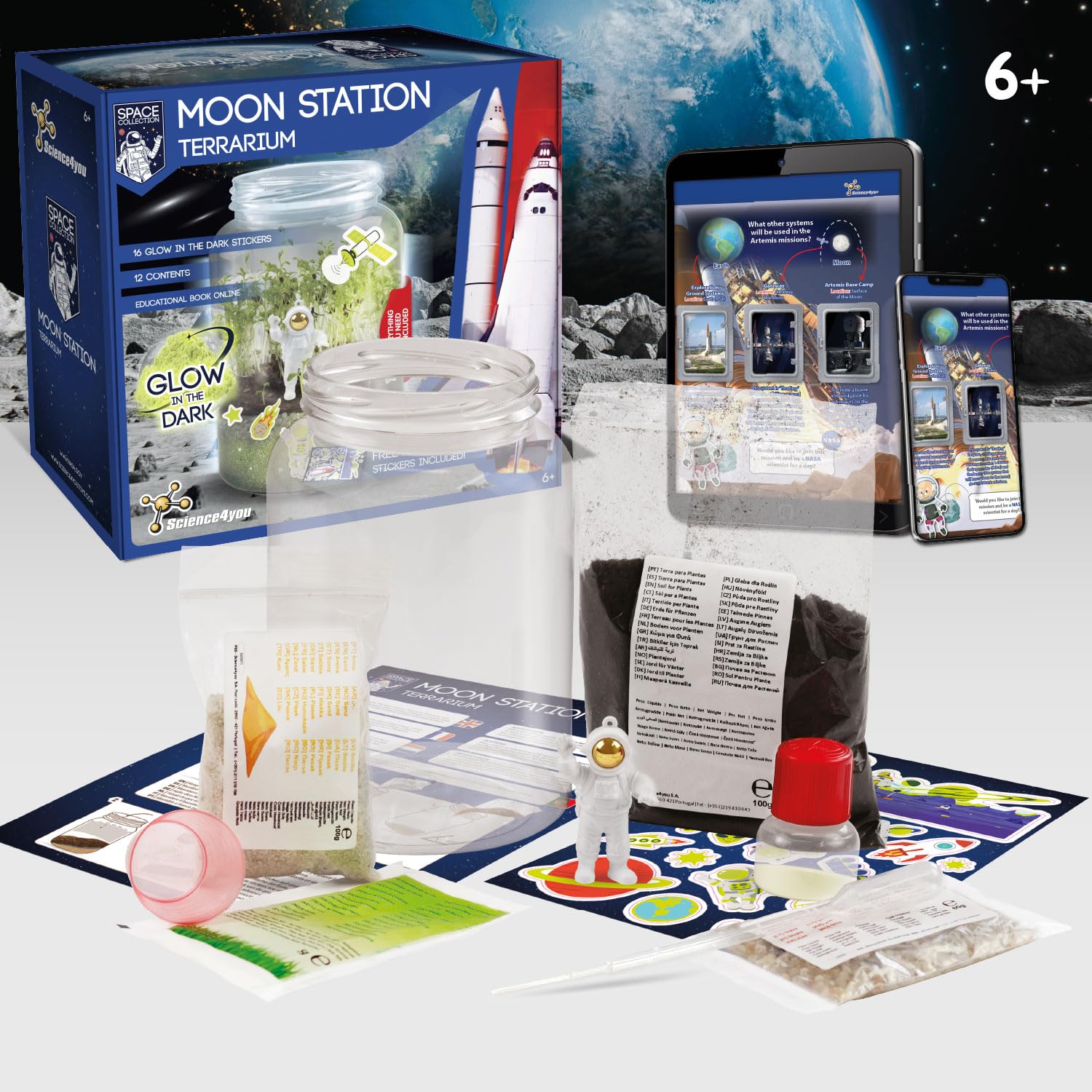 Science4you Moon Station NASA Terrarium Kit - Make Your Own Ecosystem with Glow in the Dark Stickers for Kids 6+