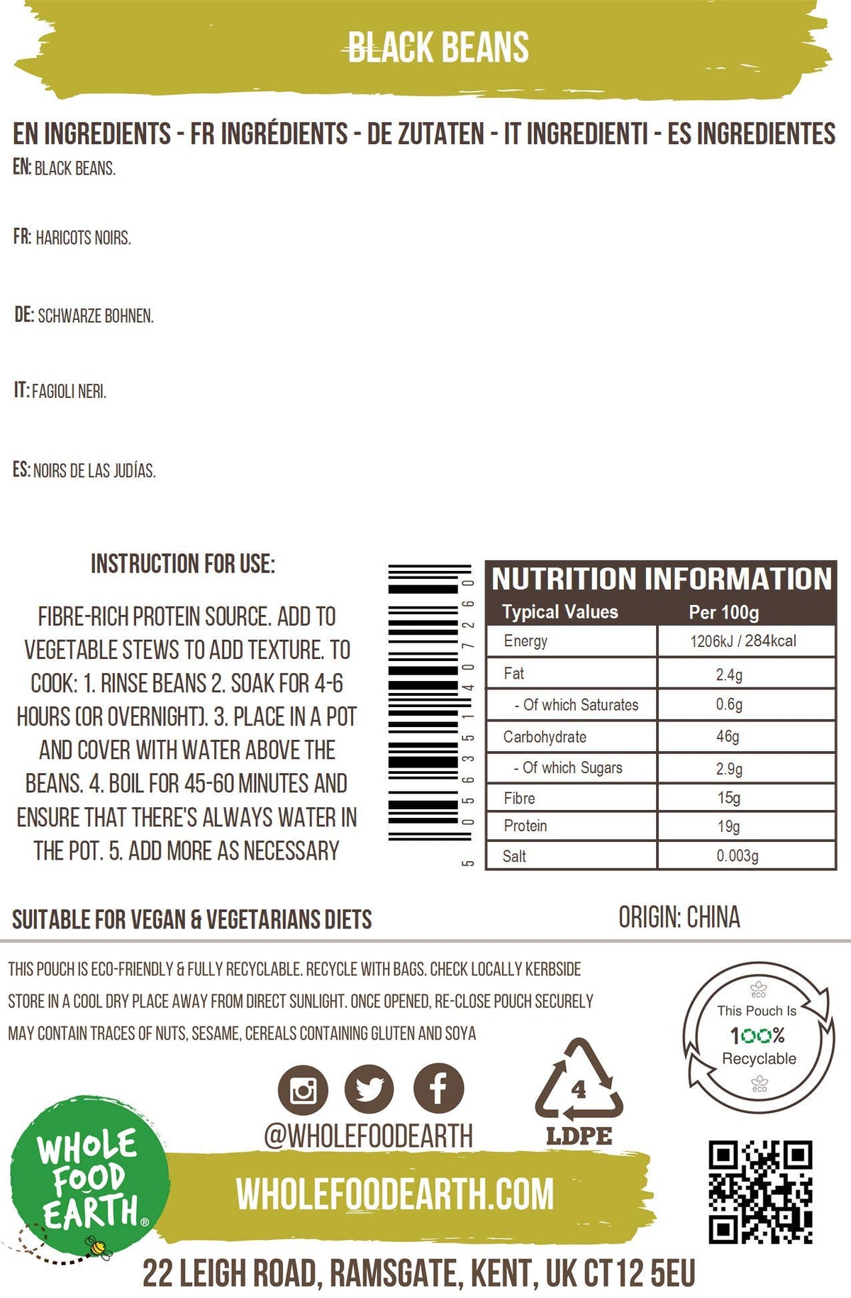 Wholefood Earth Black Beans - 500 g | GMO Free | High Fibre