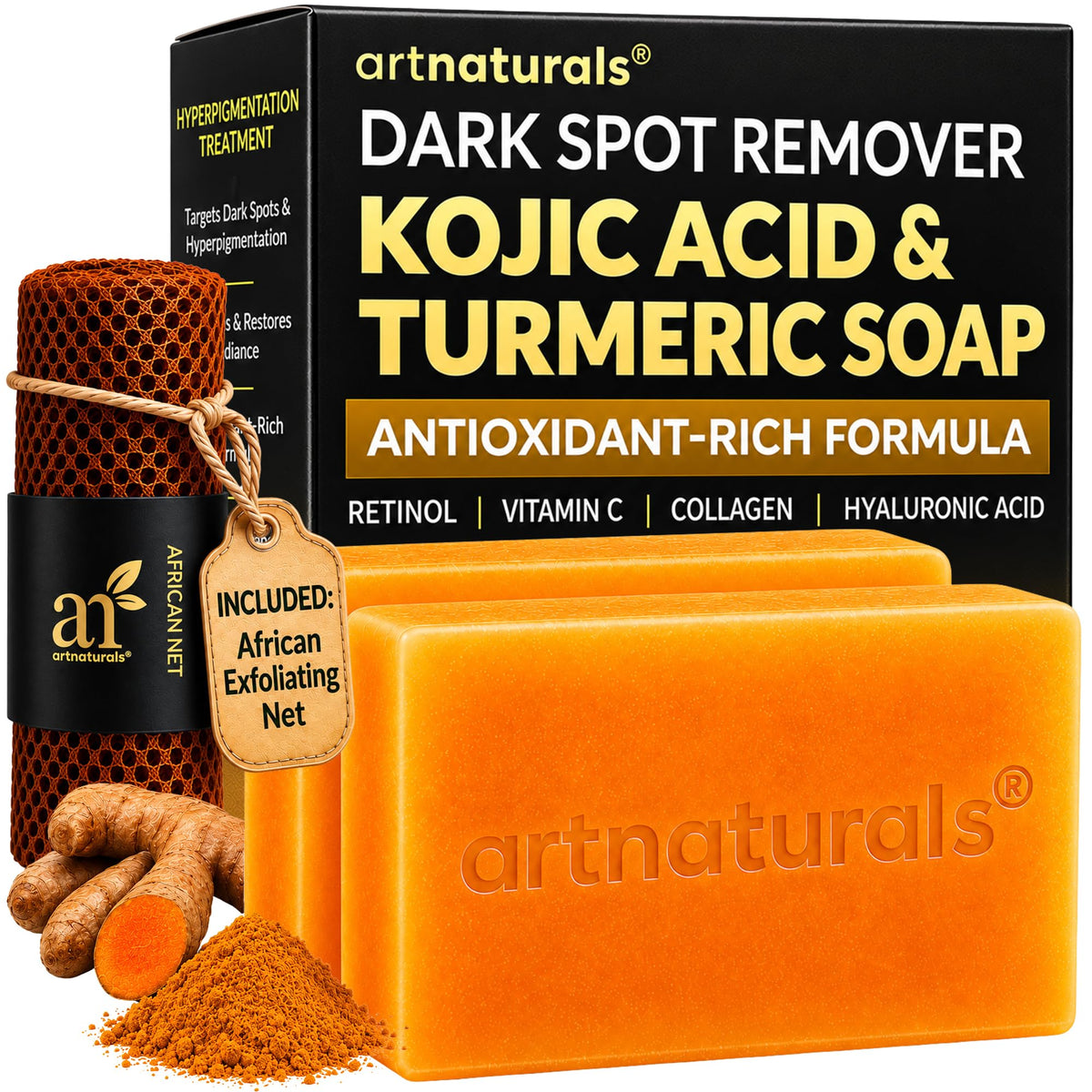 artnaturals Kojic Acid Soap with African Net Sponge - 2 x 142g Turmeric Bars
