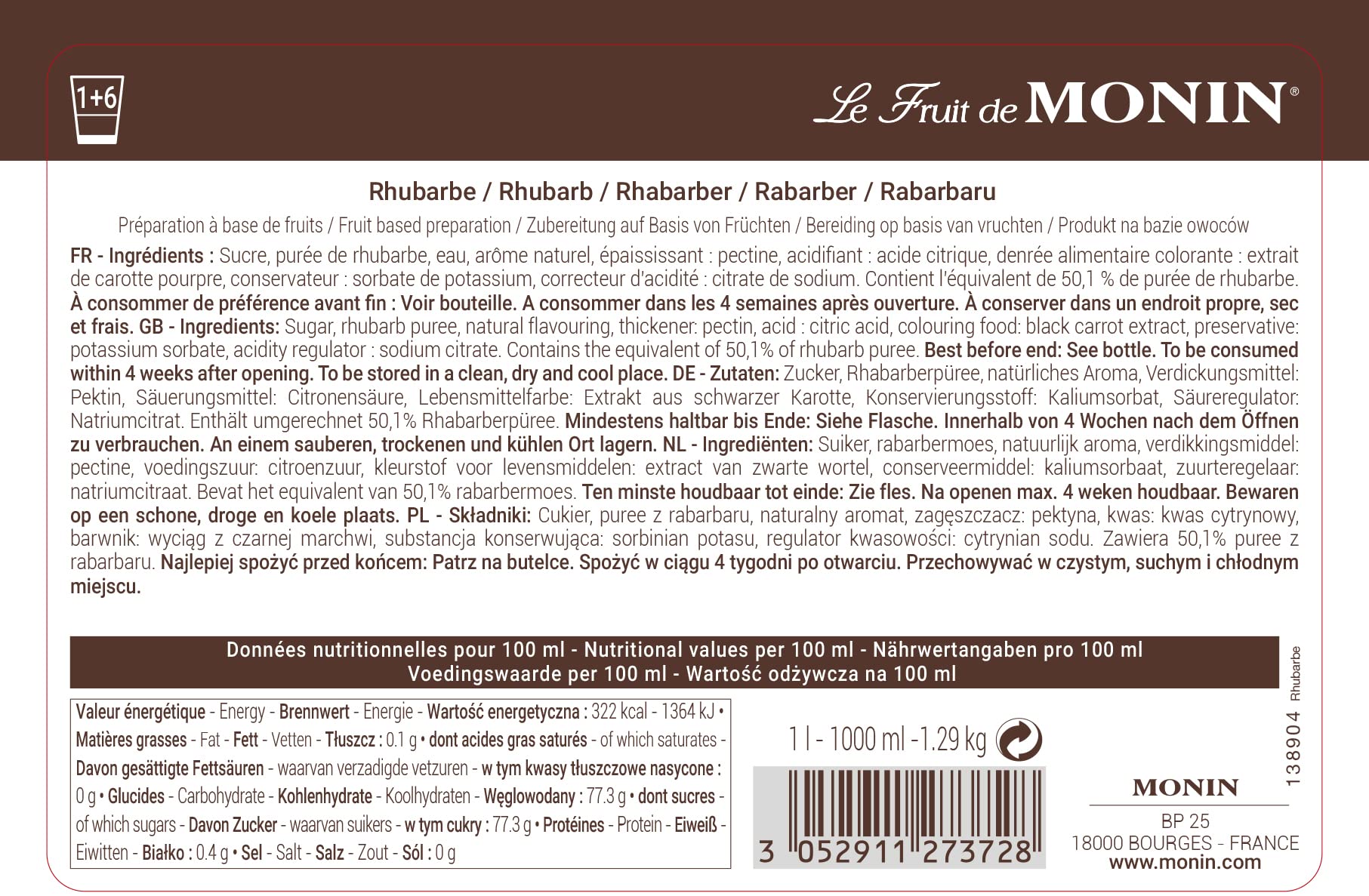 Monin Rhubarb Fruit Mix Puree - 1 Litre | 50.1% Rhubarb | Vegan & Kosher 4