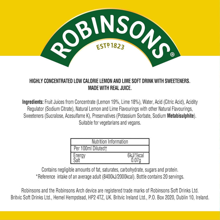 Robinsons Mini - No Added Sugar - Low Calorie - Lemon & Lime Fruit Squash Concentrate - Makes 20 Drinks