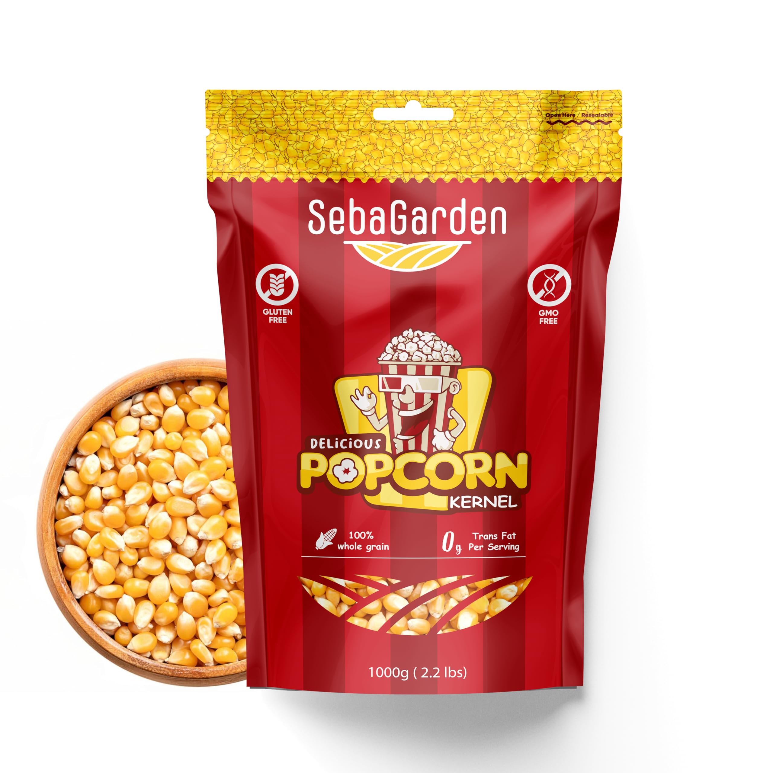 Seba Garden Popcorn Kernels - High Fibre, GMO Free | 1 kg Resealable Pouch