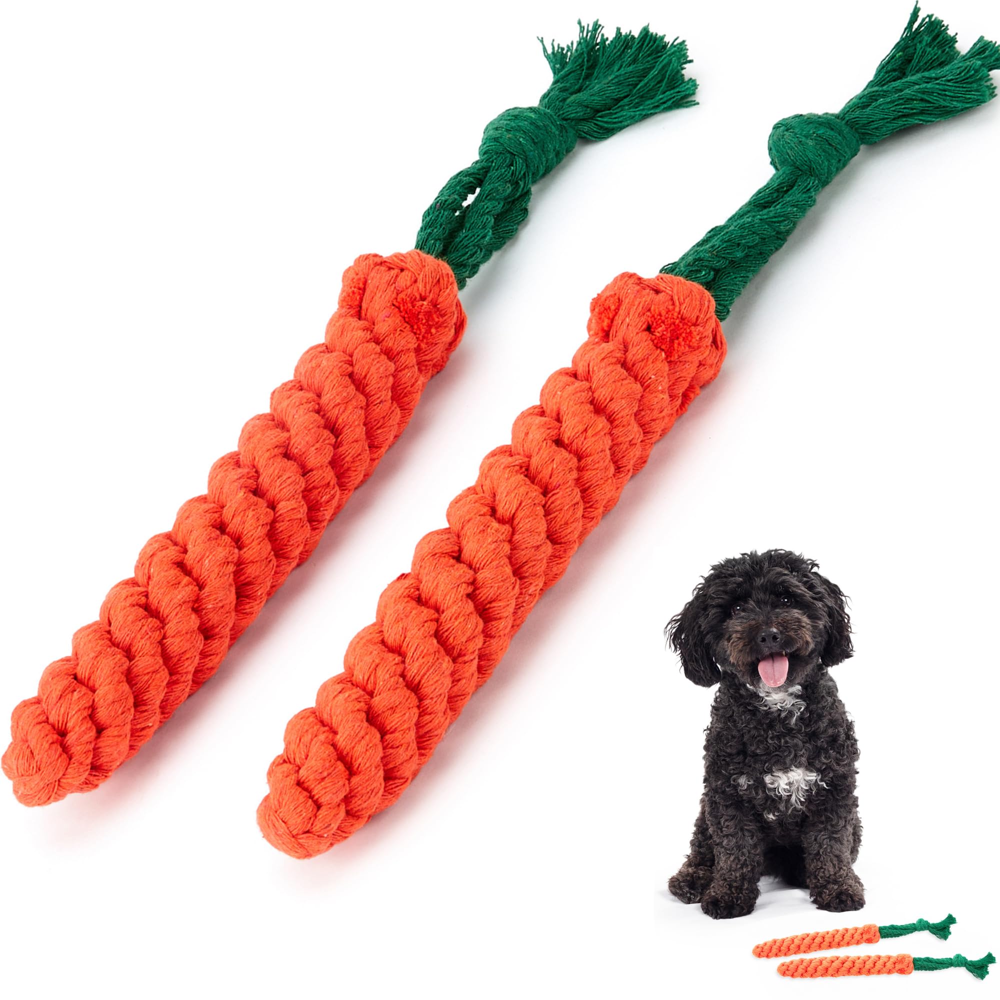 Zappi Co 2 Pack Carrot Dog Rope Chew Toys (22cm) - Dental Cleaning & Boredom Buster