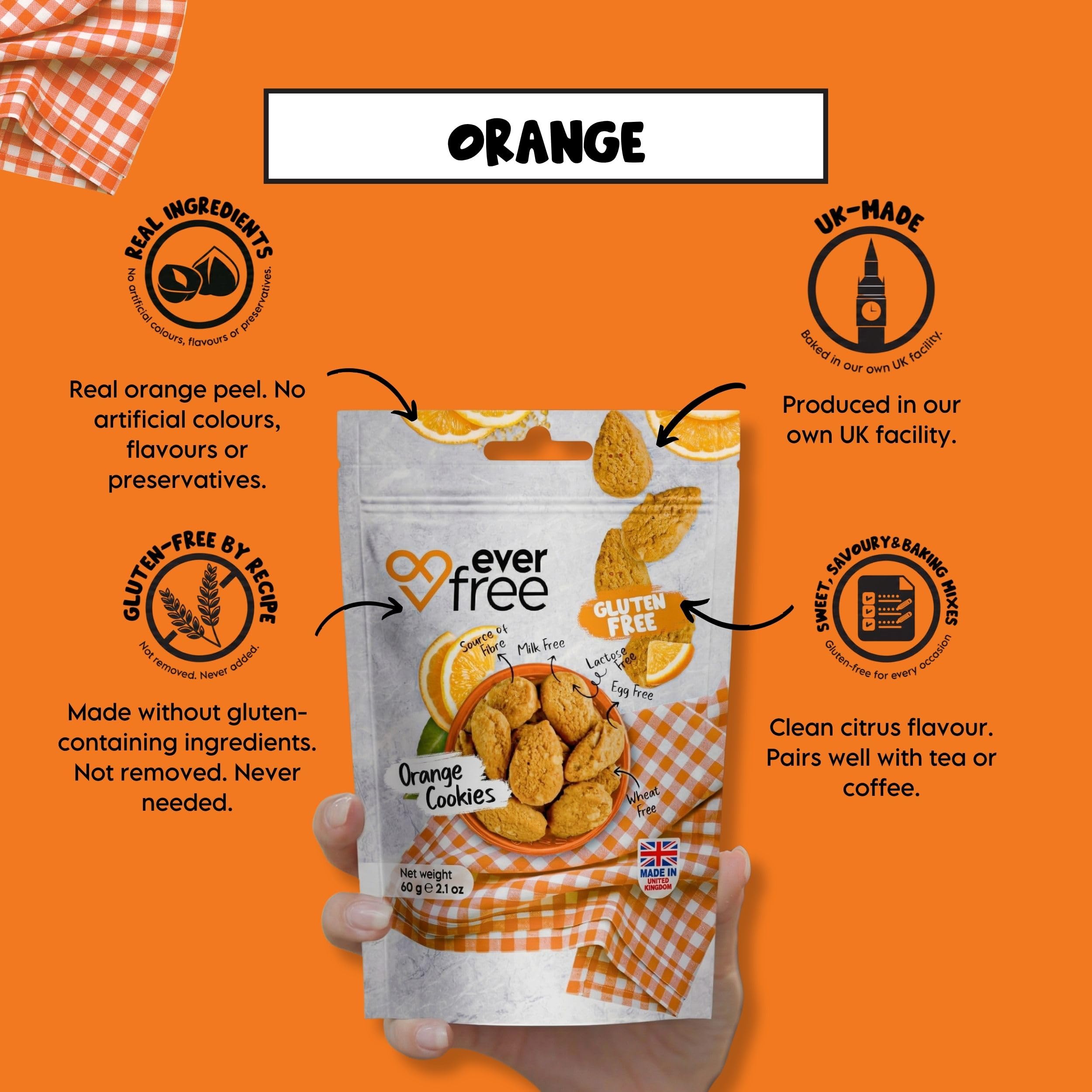 EverFree Gluten-Free Orange Cookies - Vegan, High Fibre, 90g Pack 4