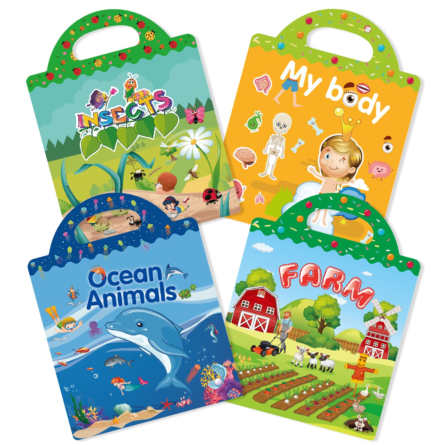 GUYUCOM Reusable Sticker Books 4 Pack - Ocean, Farm, Insect, Body Themes | Educational Learning Toy