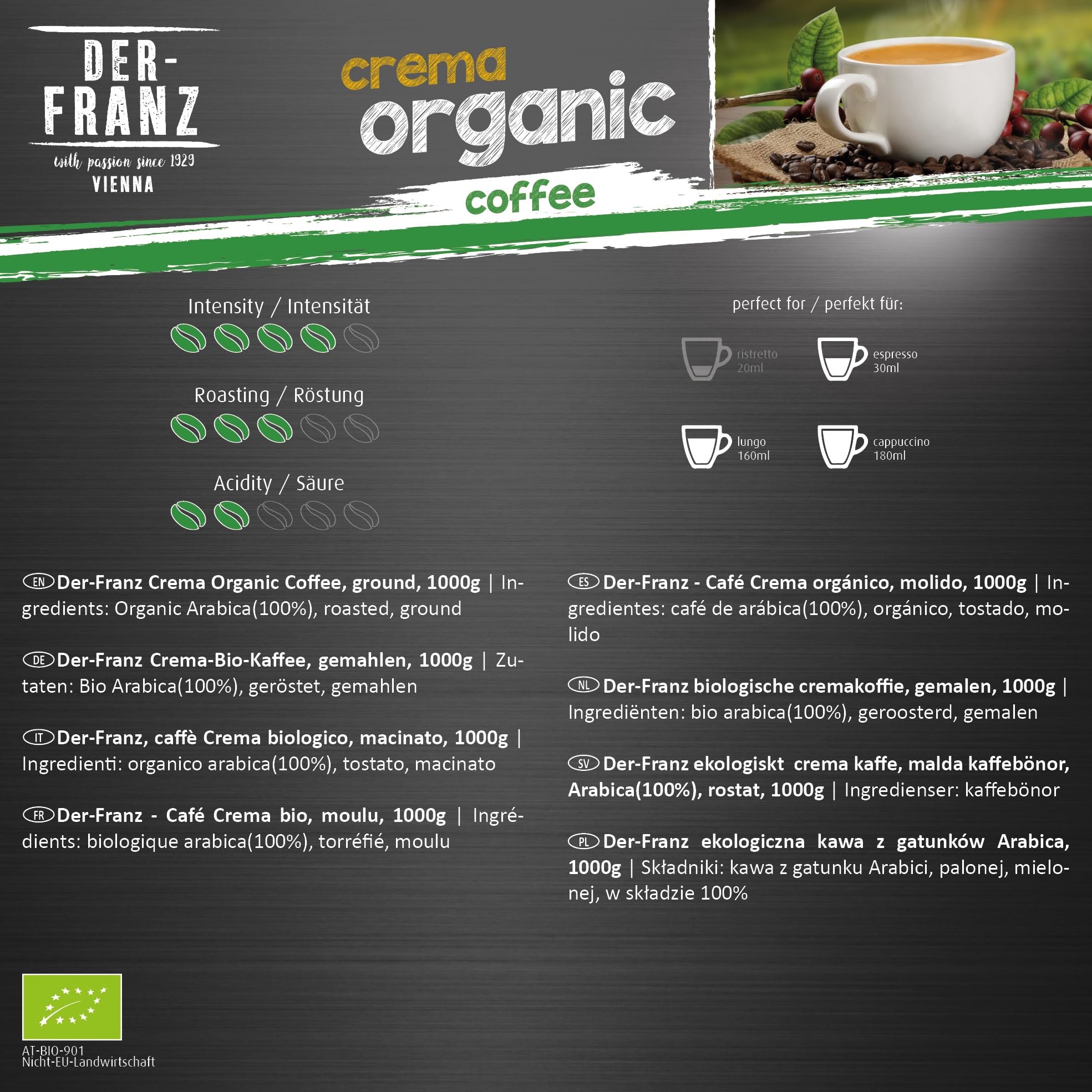 Der-Franz Crema Organic Ground Coffee - 100% Arabica | Intensity 4/5 | 1 kg 3