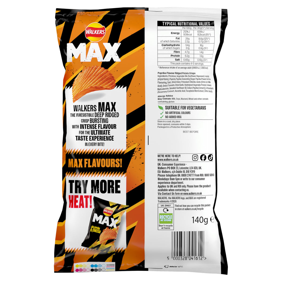 Walkers Max Punchy Paprika Sharing Crisps - 140 g