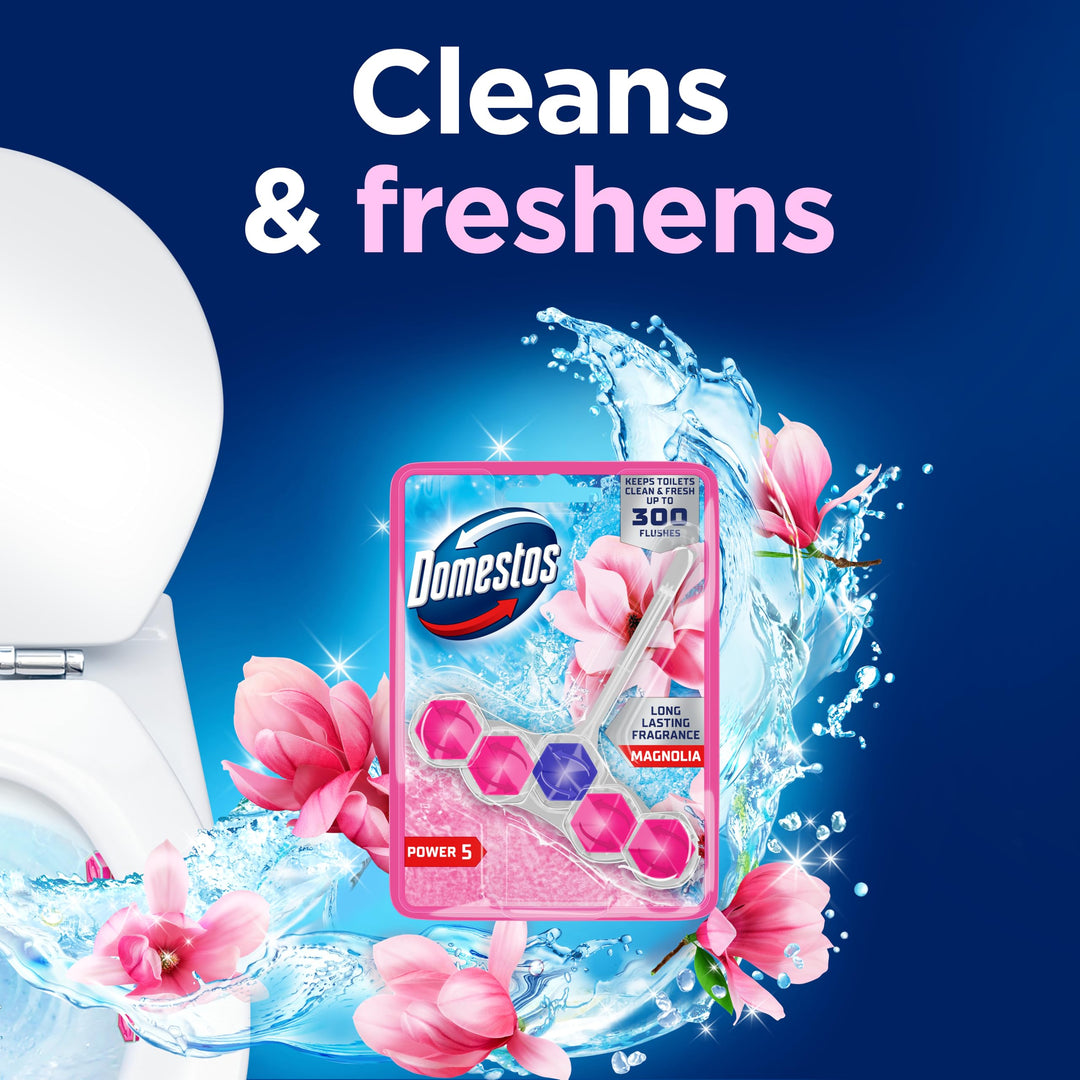 Domestos Power 5 Magnolia Toilet Rim Block - Long-Lasting Toilet Freshener for Up to 300 Flushes