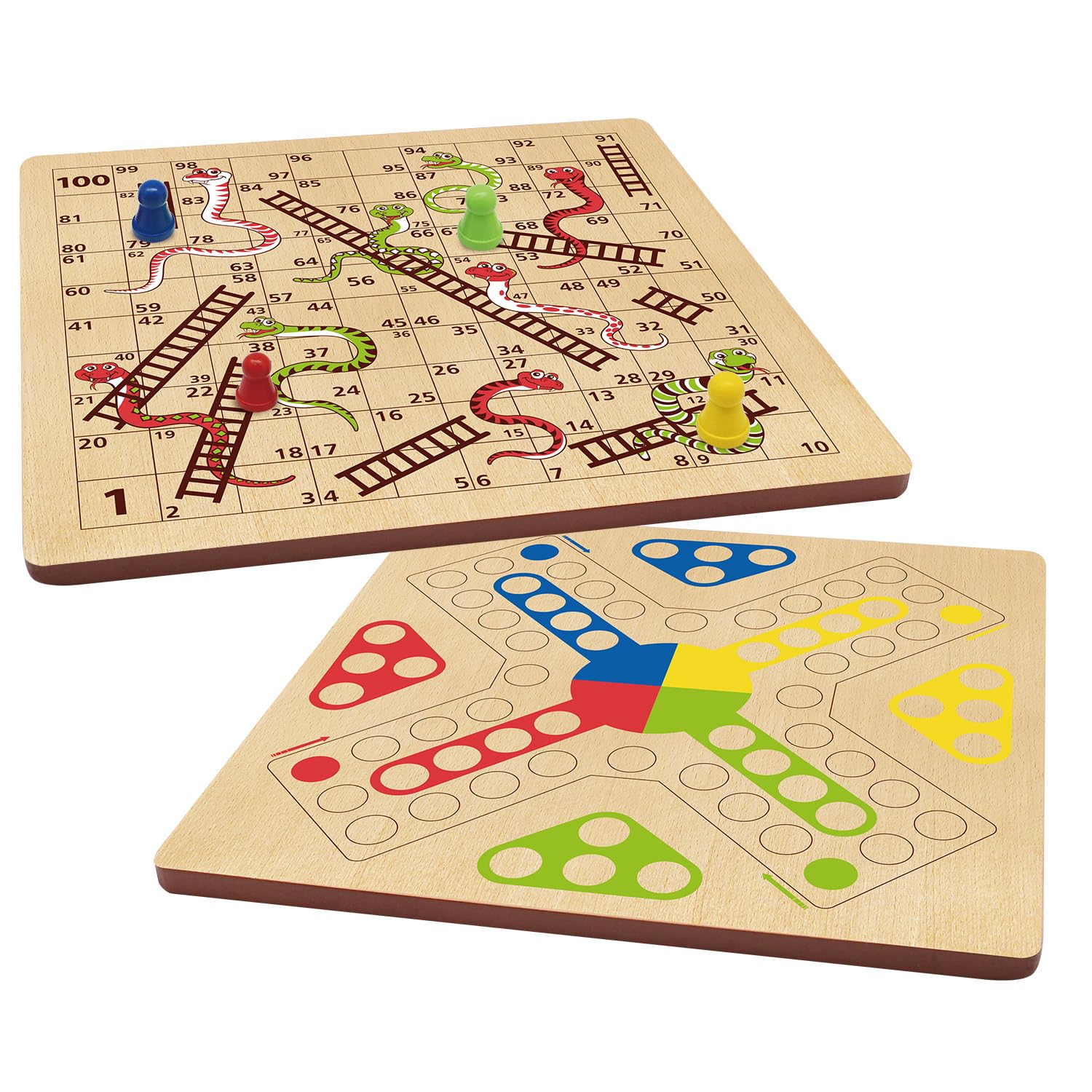 ROO GAMES Wooden Snakes and Ladders + Ludo Board Game - 2-in-1 Classic Family Game | 2-4 Players | Ages 3+ 5