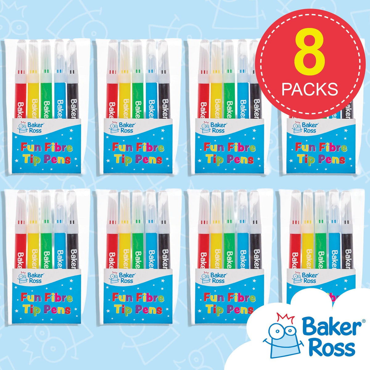Baker Ross Mini Fibre Tip Pens - Pack of 8, 5 Assorted Colours