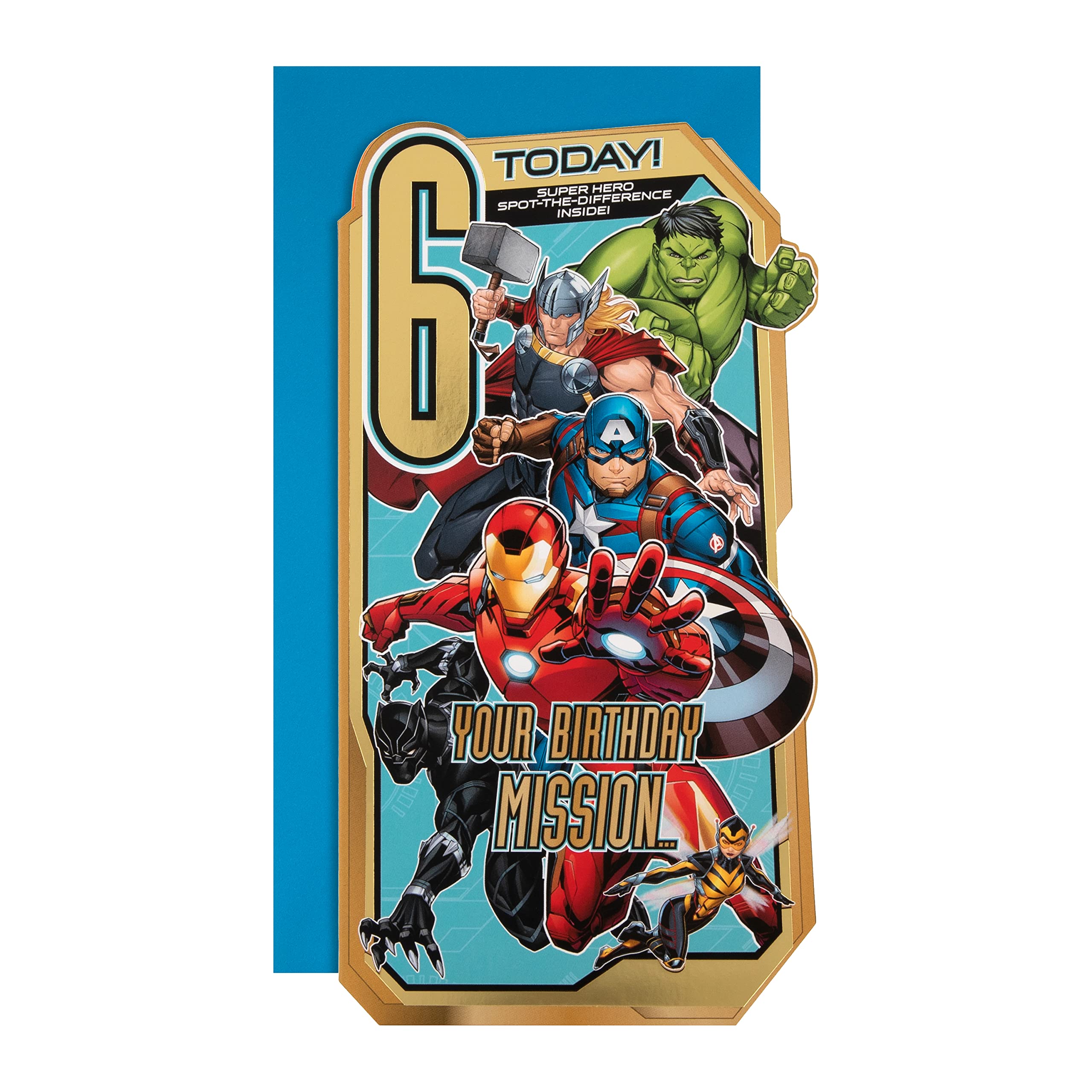 Hallmark Age 6 Birthday Card - Marvel Avengers Die-Cut with Gold Foil | Blue Envelope 1