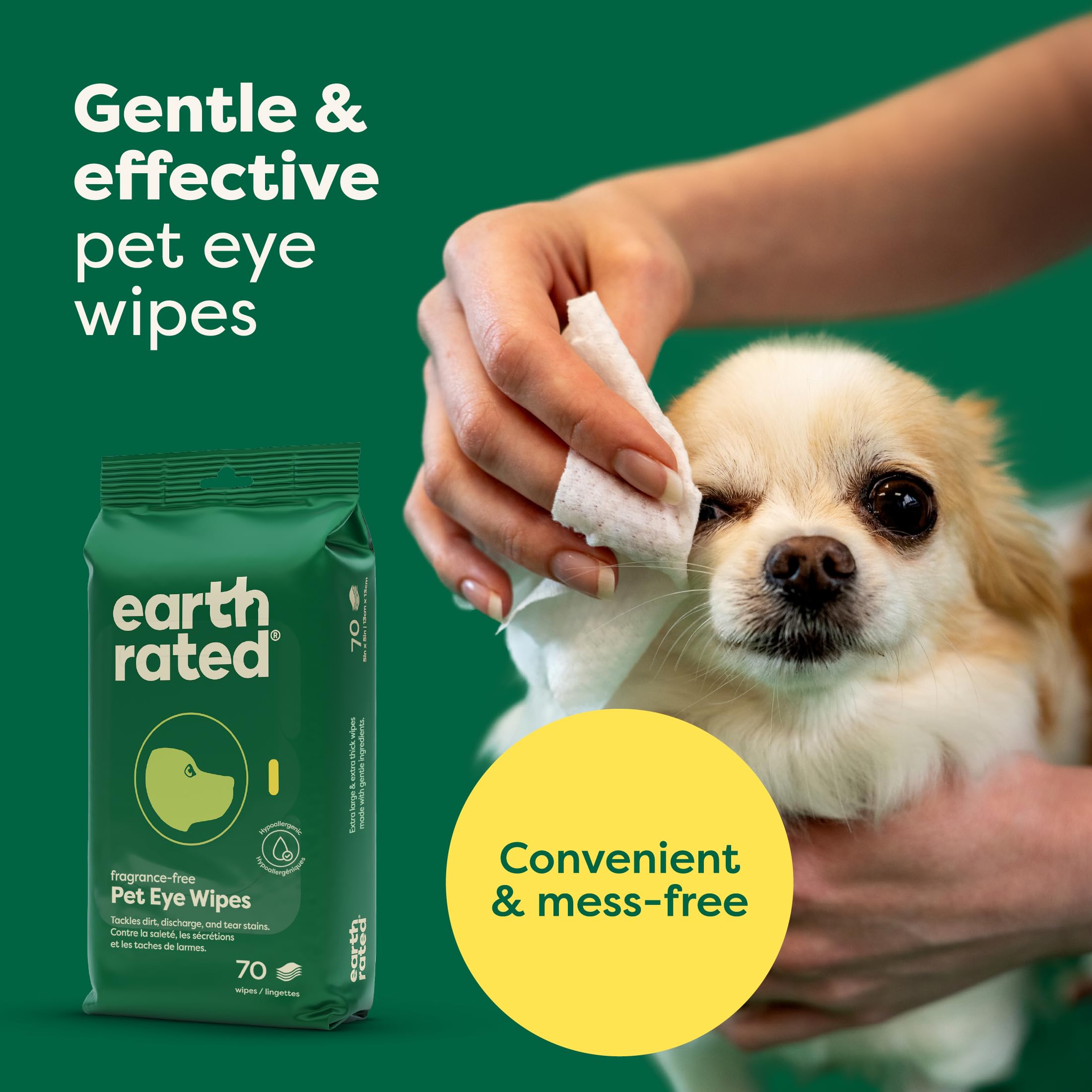 Earth Rated Vet-Developed Hypoallergenic Pet Eye Wipes for Dogs | Unscented, 70 Count