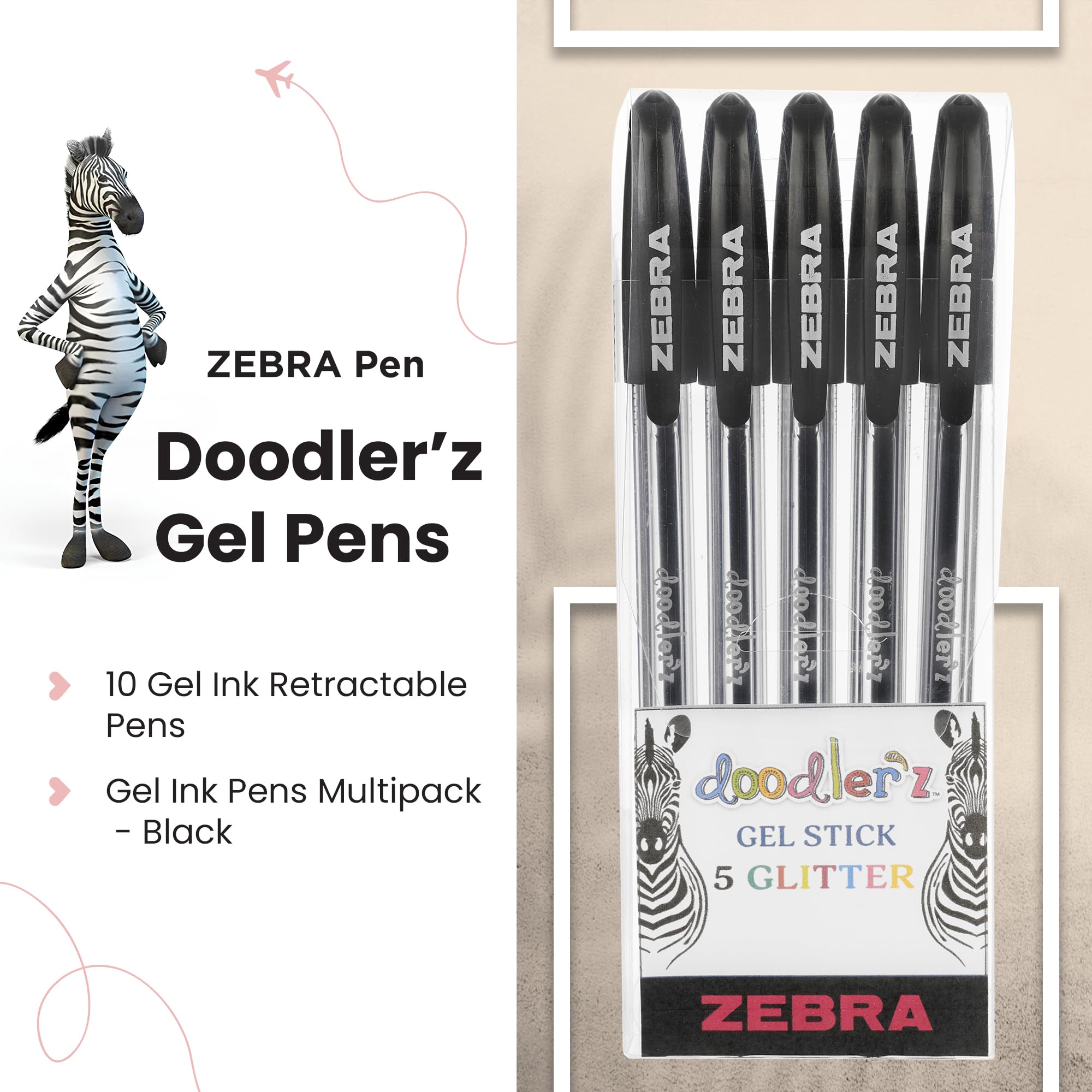 Zebra Pen Doodlerz Gel Stick Pen - 1.0mm Bold Point, Black Ink, 5-Pack