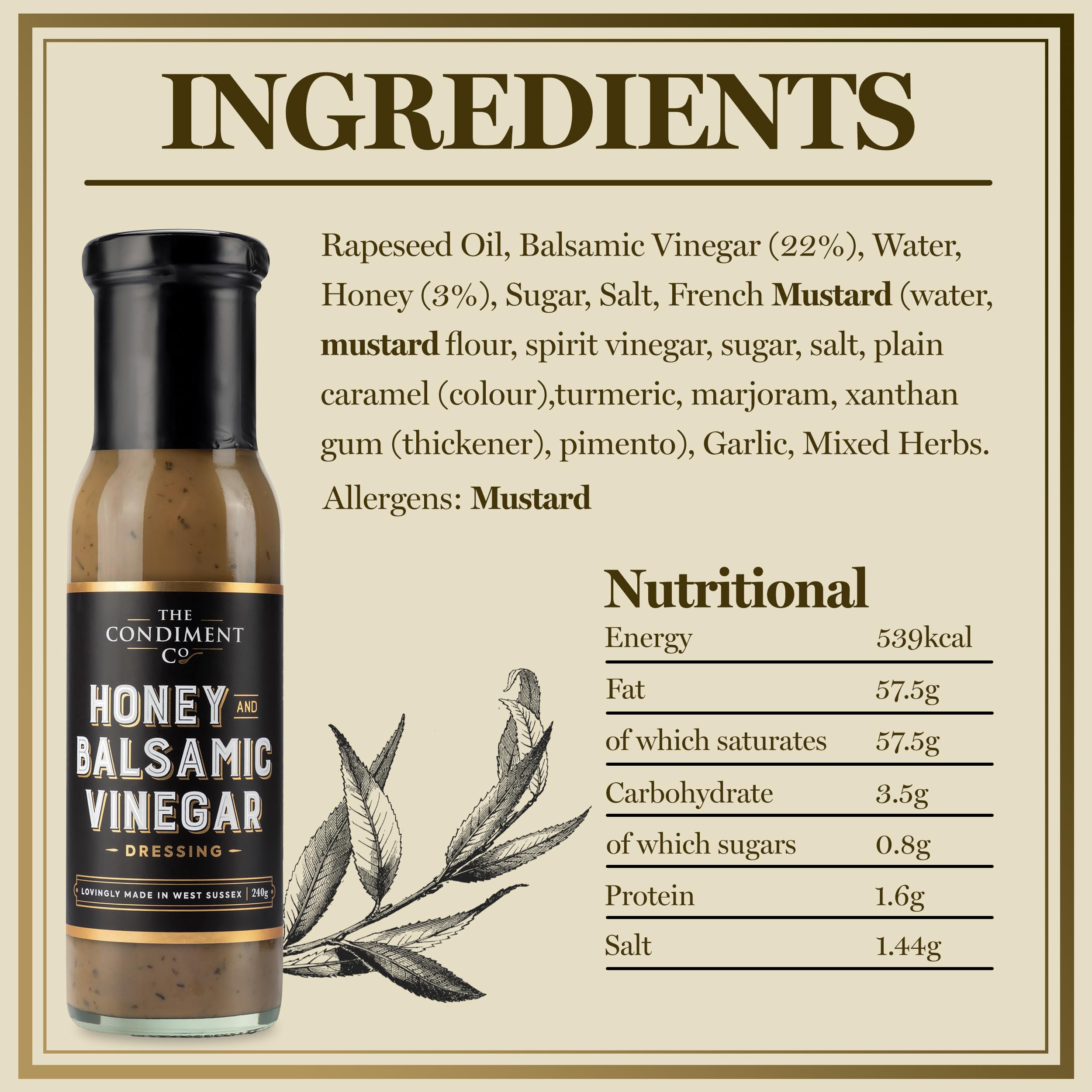 The Condiment Company Honey Balsamic Vinegar Dressing 240g 2