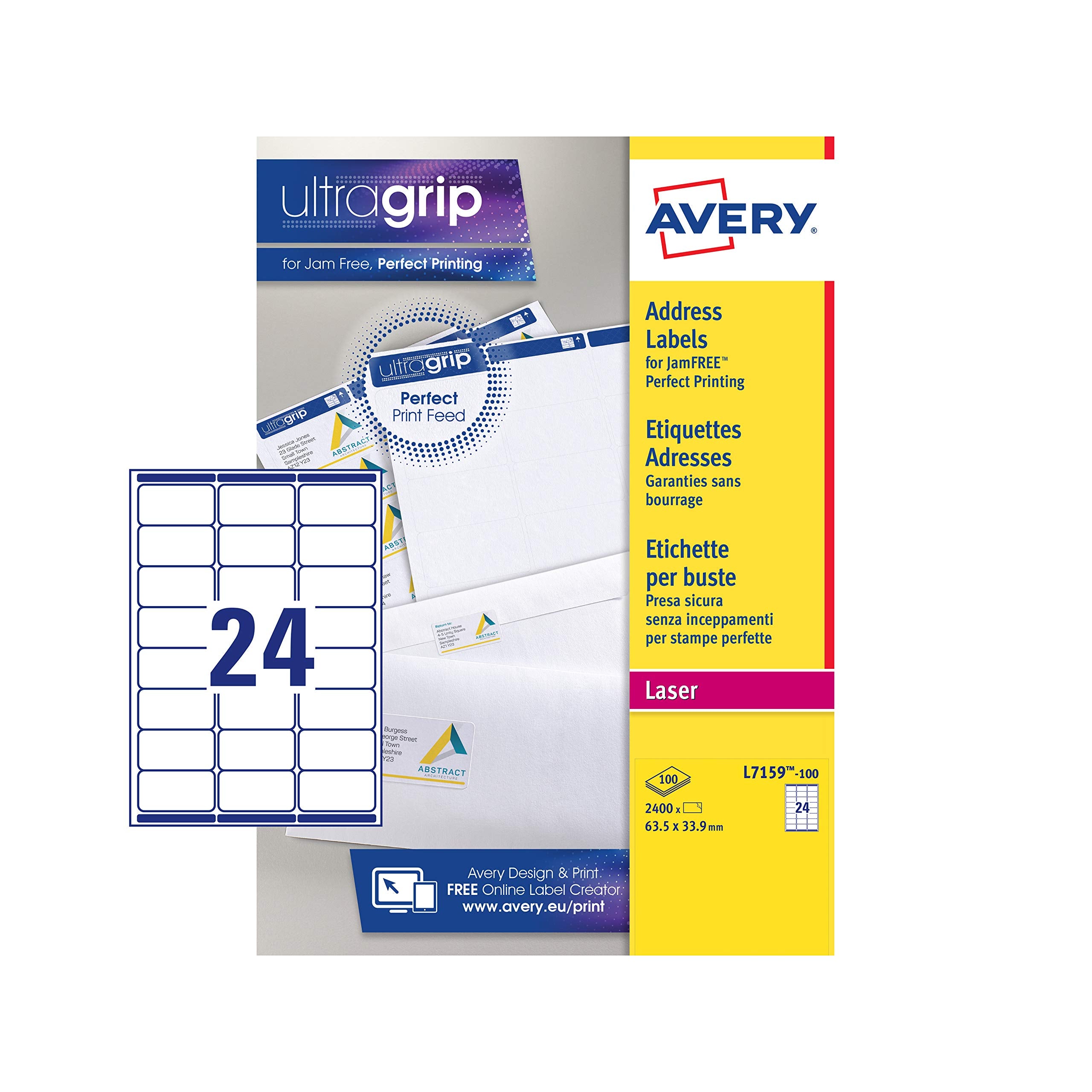 AVERY Self Adhesive Address Mailing Labels for Laser Printers, 24 Labels/Sheet, 2400 Labels Total, White (L7159) 1