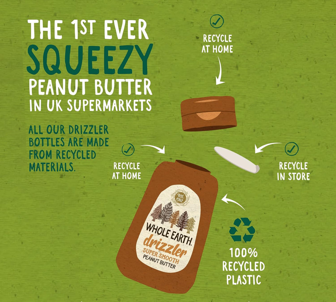 Whole Earth Drizzler Golden Roasted Super Smooth Peanut Butter - 6 x 320g Squeezy Bottles