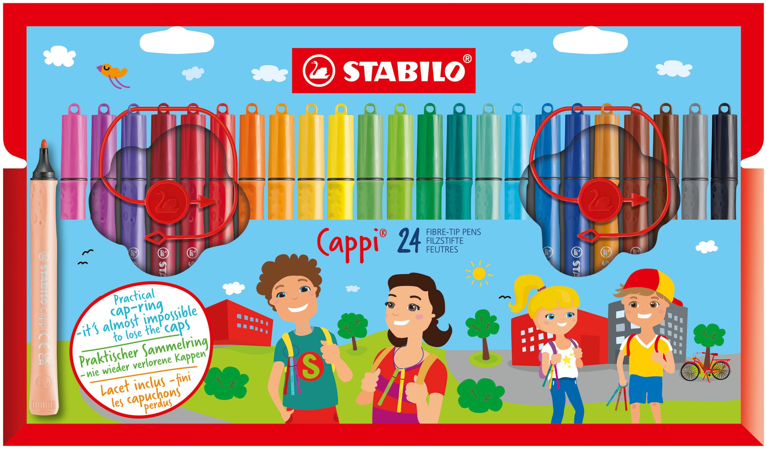 STABILO Cappi Fibre-Tip Pens - 24 Assorted Colours Pack | 1mm Line Width | Washable Ink