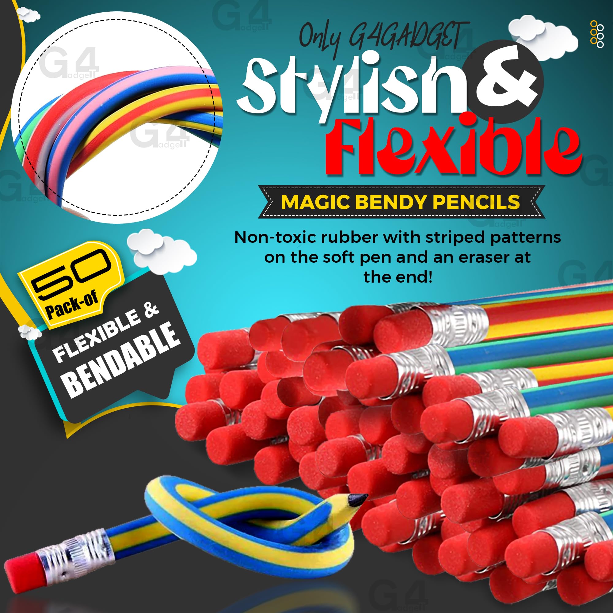 G4GADGET Soft Flexible Bendy Pencils - Plastic Material, Multicolor Ink, Includes Eraser | 10 Count