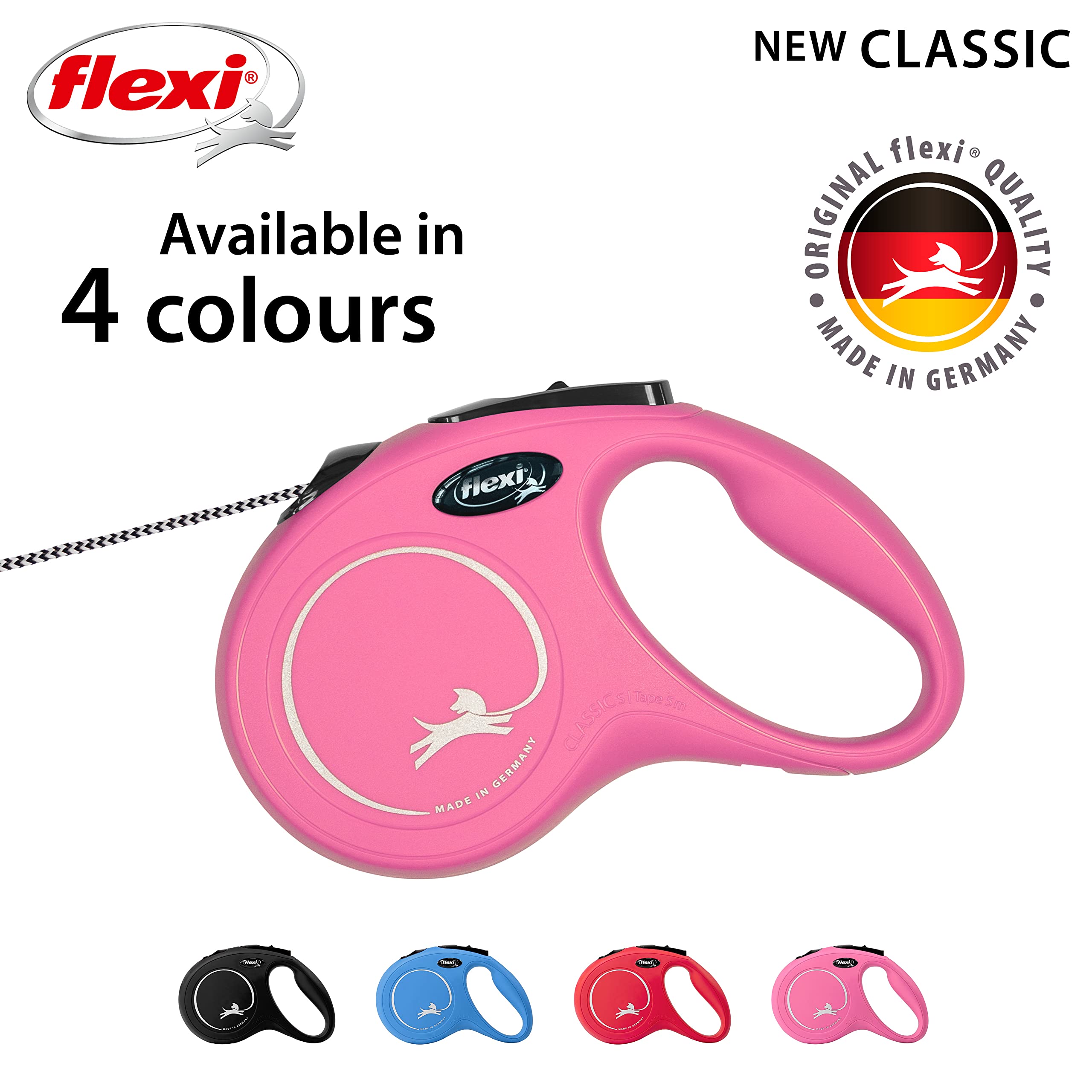 flexi New Classic Cord Retractable Dog Lead | Pink | 5m Cord | Up to 12kg/26lbs 5