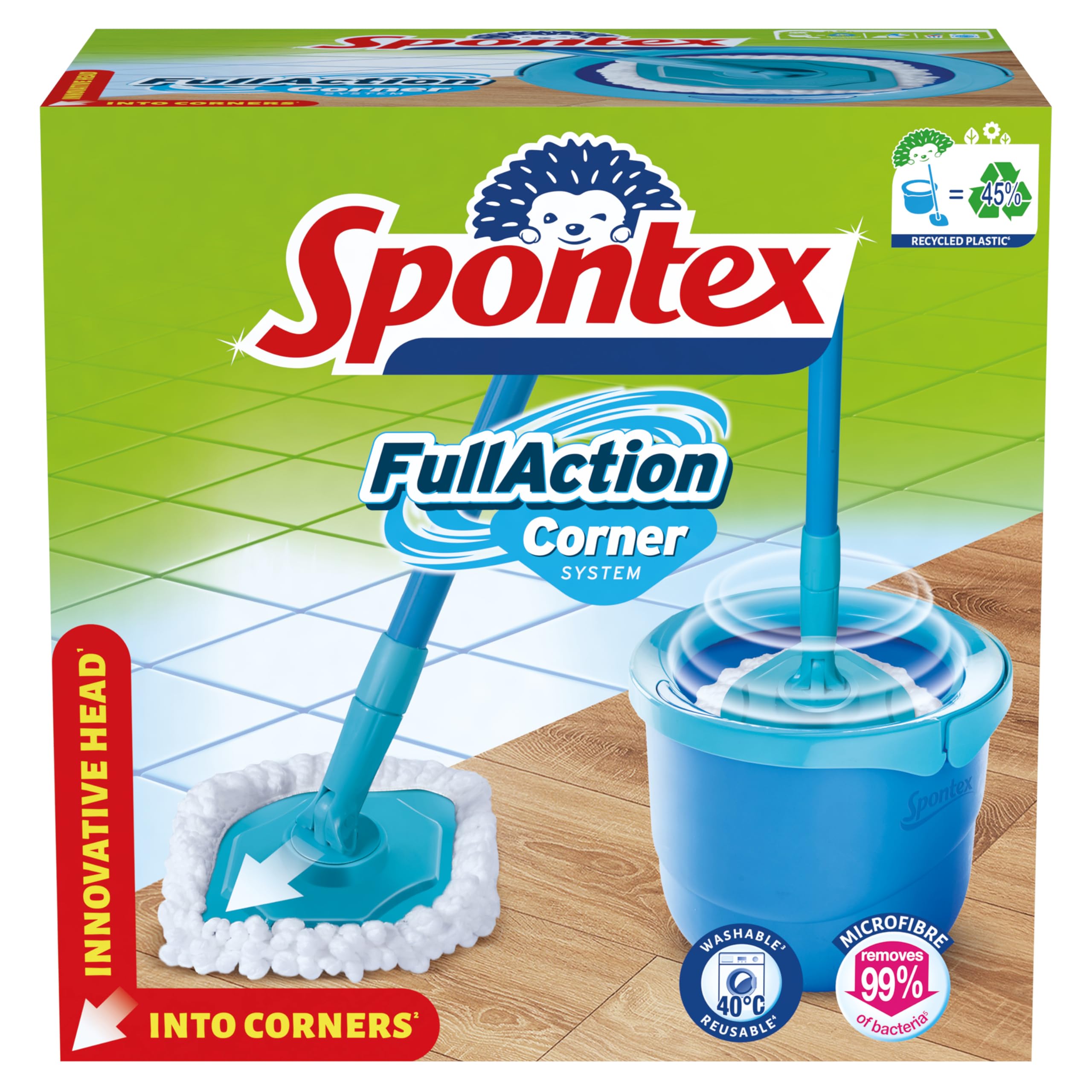 Spontex Full Action Corner System Spin Mop and Bucket Set | 360° Wringing | Microfibre Head | Cleans Laminate, Wood & Tile 7
