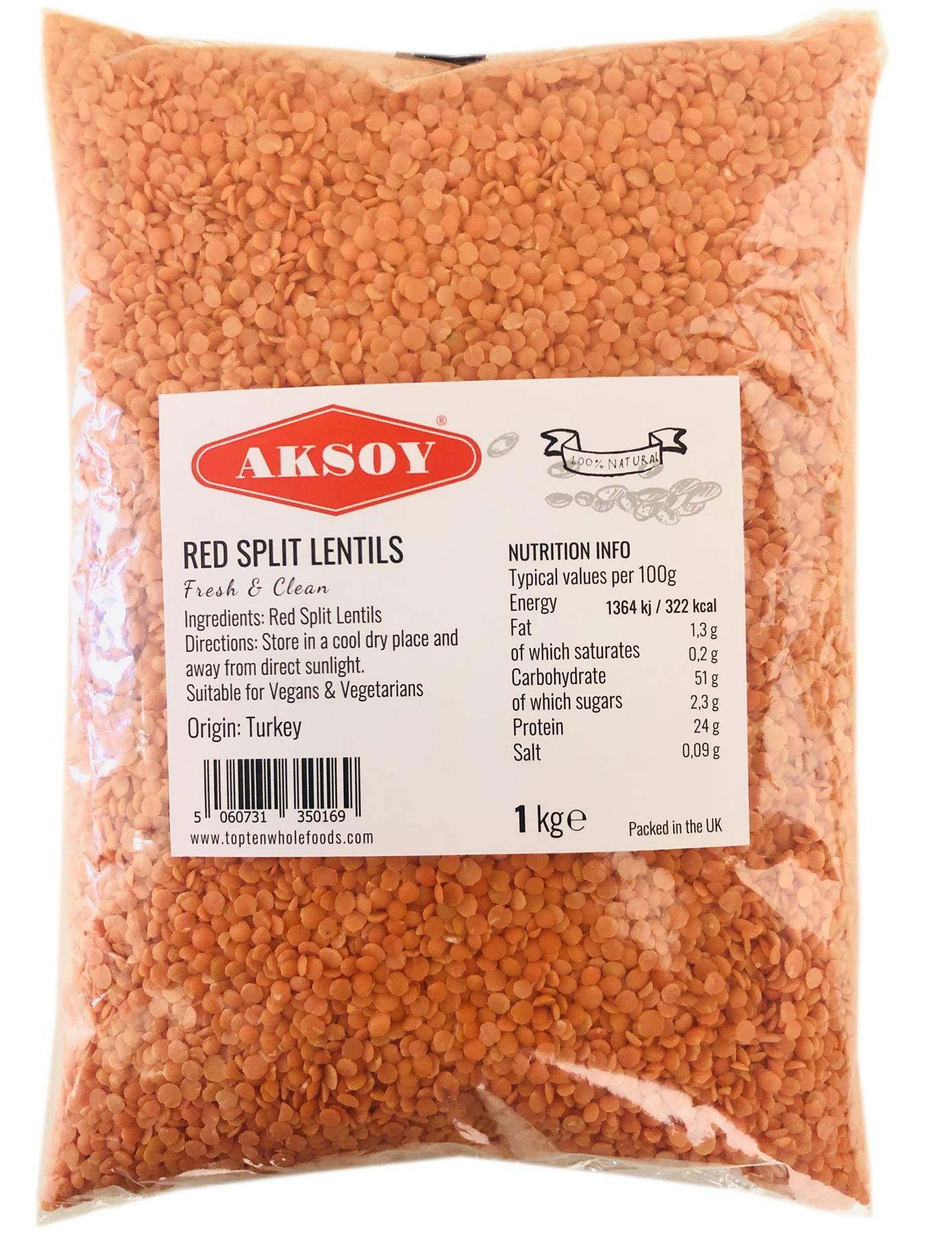 AKSOY Red Split Lentils - 1kg Pack | High Protein | Vegan & Vegetarian Friendly 1