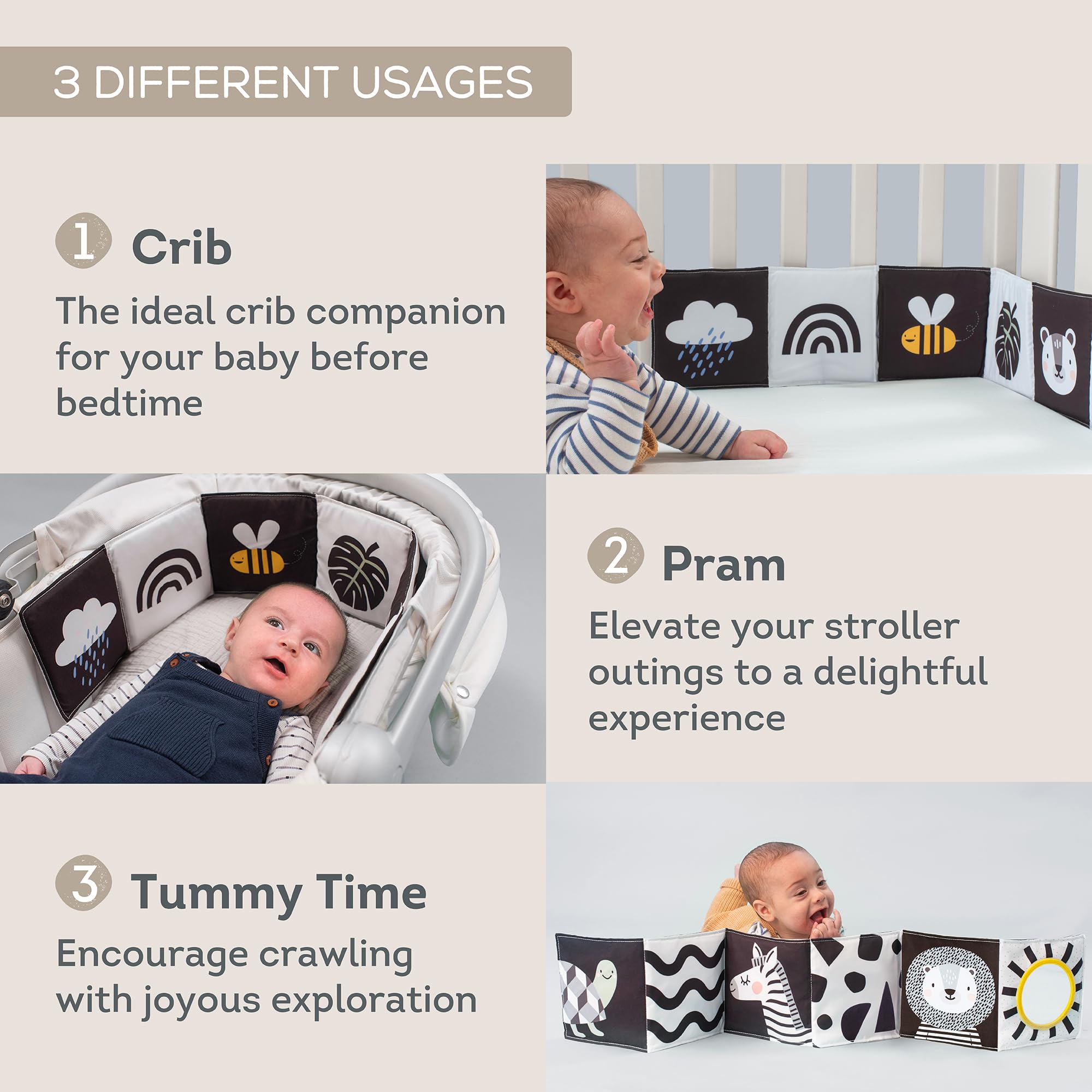 Taf Toys Savannah 3 in 1 Newborn Pram Book - High Contrast Sensory Tummy Time Toy | Birth+ 8