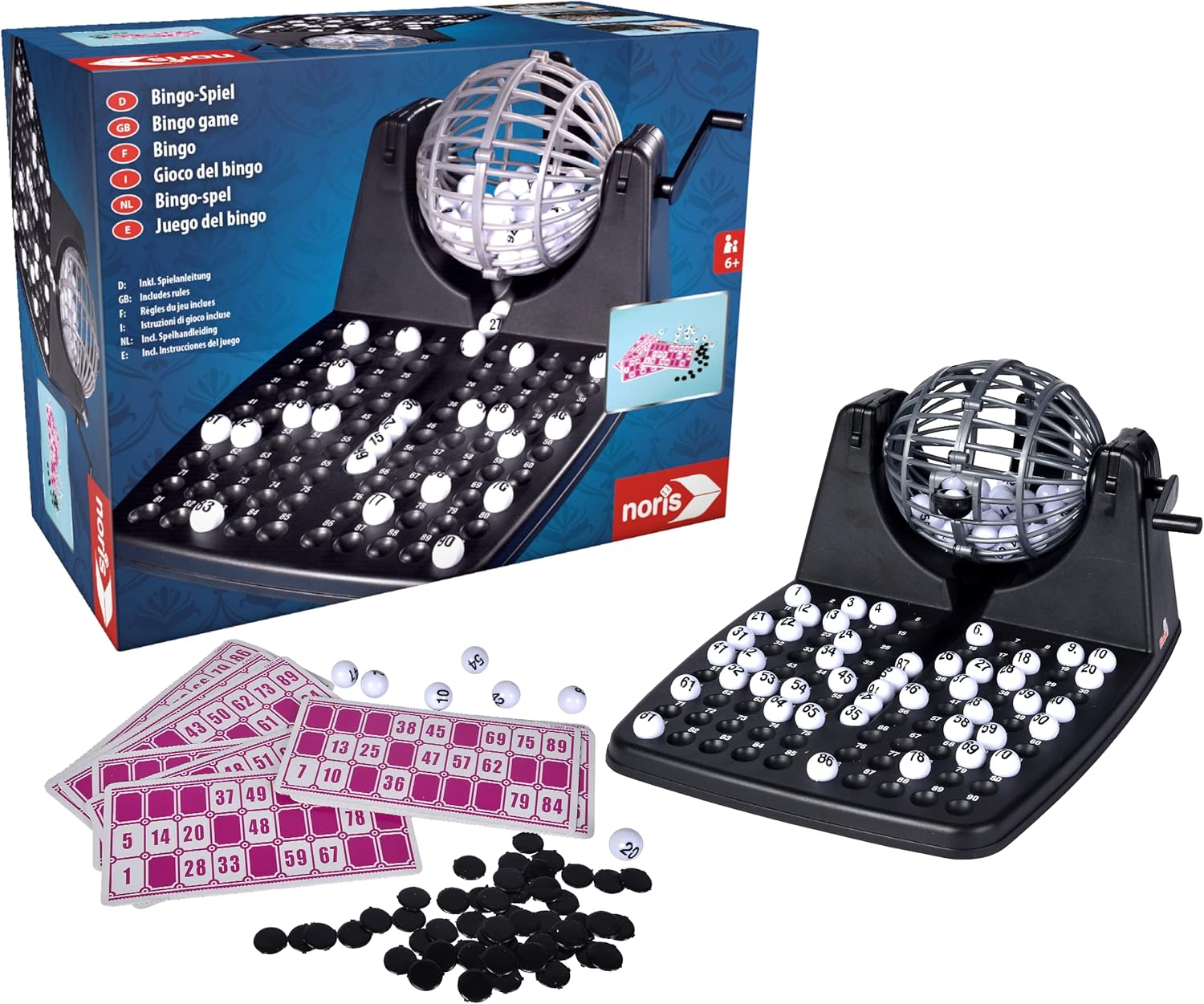 noris 606150493 Bingo Drum Set with 90 Balls, 12 Cards & Chips - Ocean Tides 1