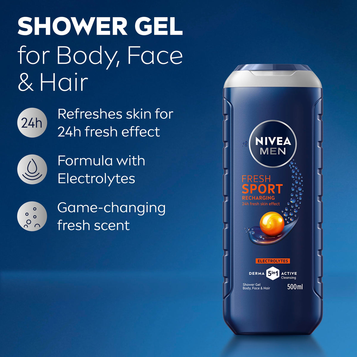 NIVEA MEN Sport Shower Gel - 3-in-1 Hair, Face & Body Wash, 500 ml