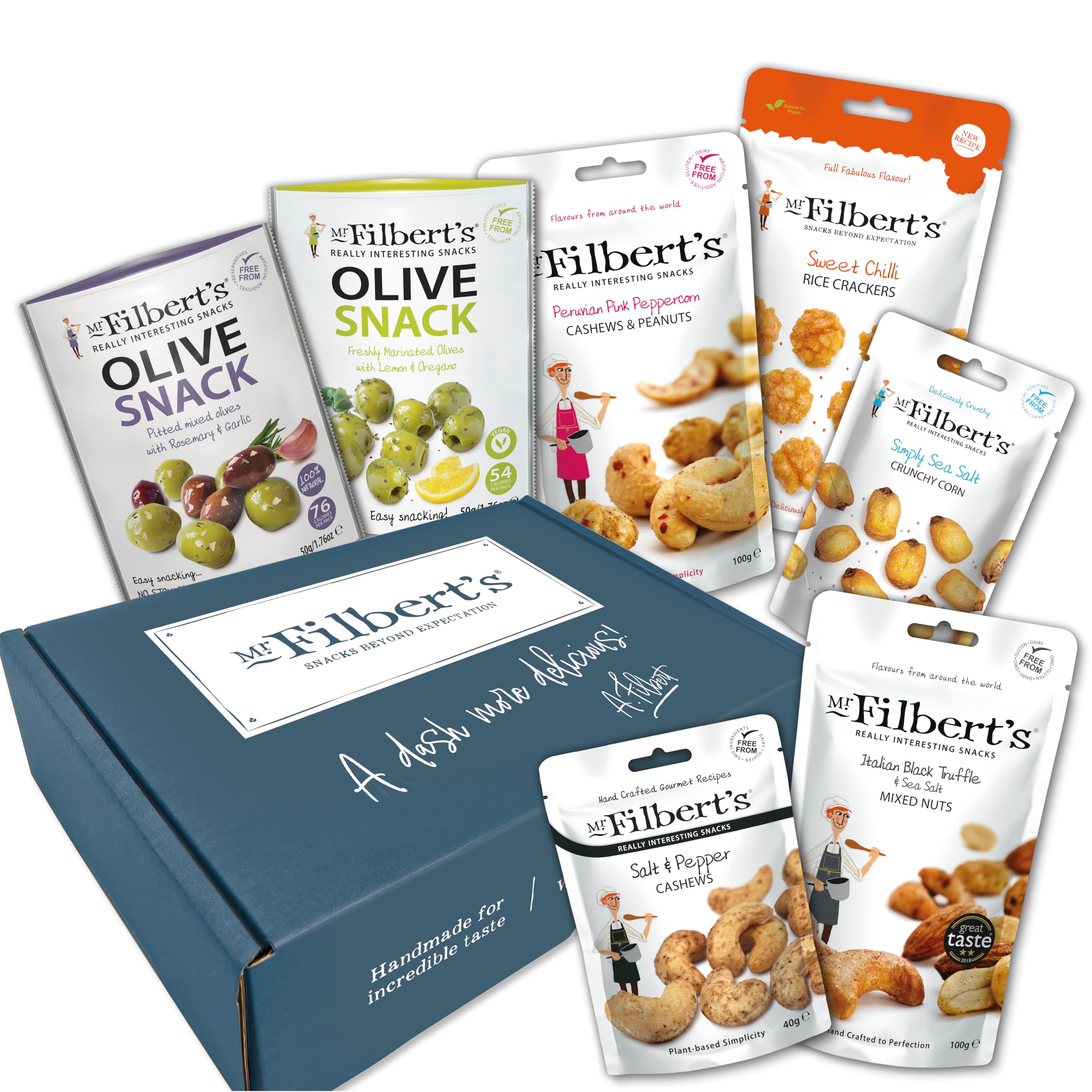 Mr Filbert's Vegan Snack Selection Box - Olive Snacks, Nuts, Crunchy Corn & Rice Crackers 1