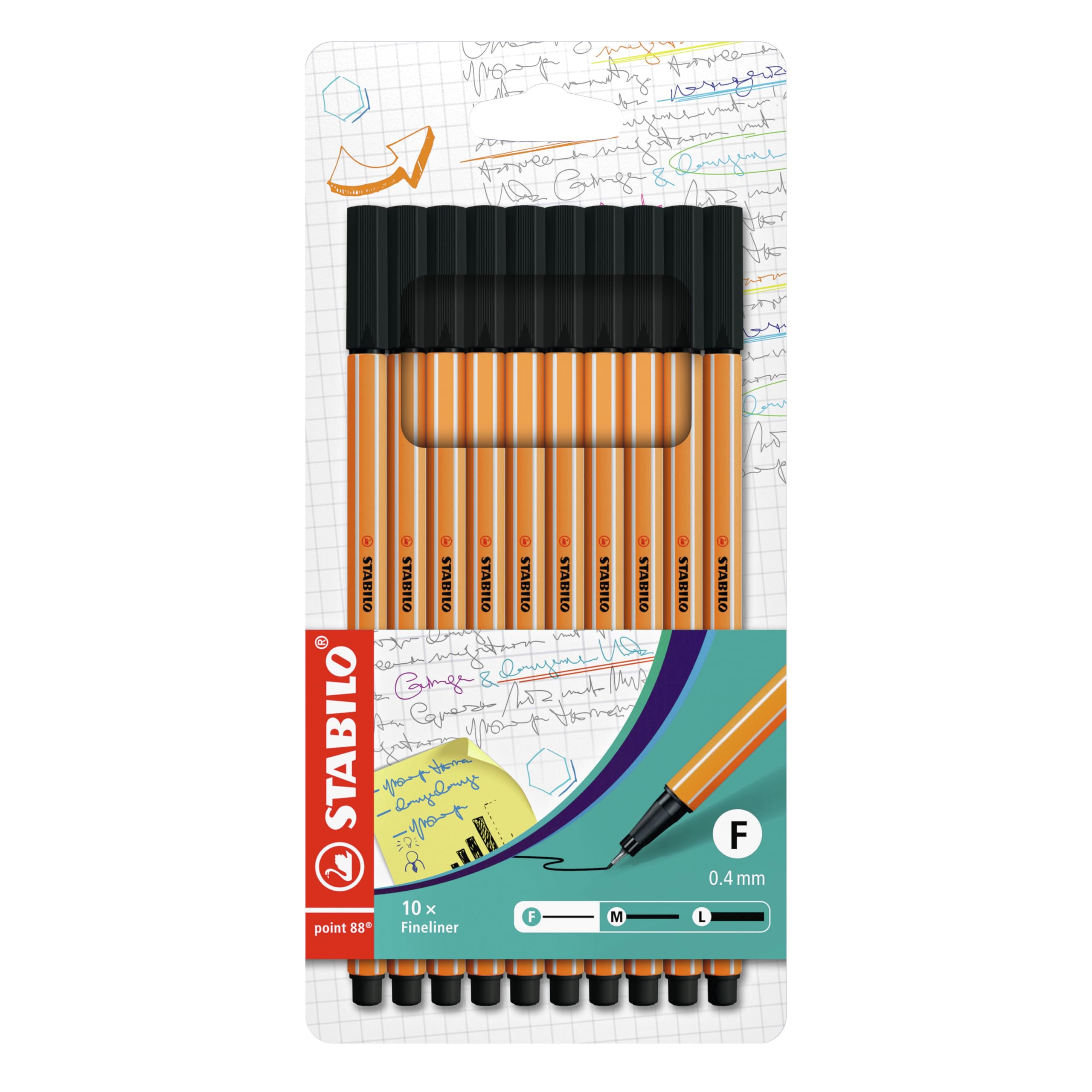 STABILO point 88 Fineliner - 0.4mm Line Width, Metal-Cased Tip | Pack of 10 Black