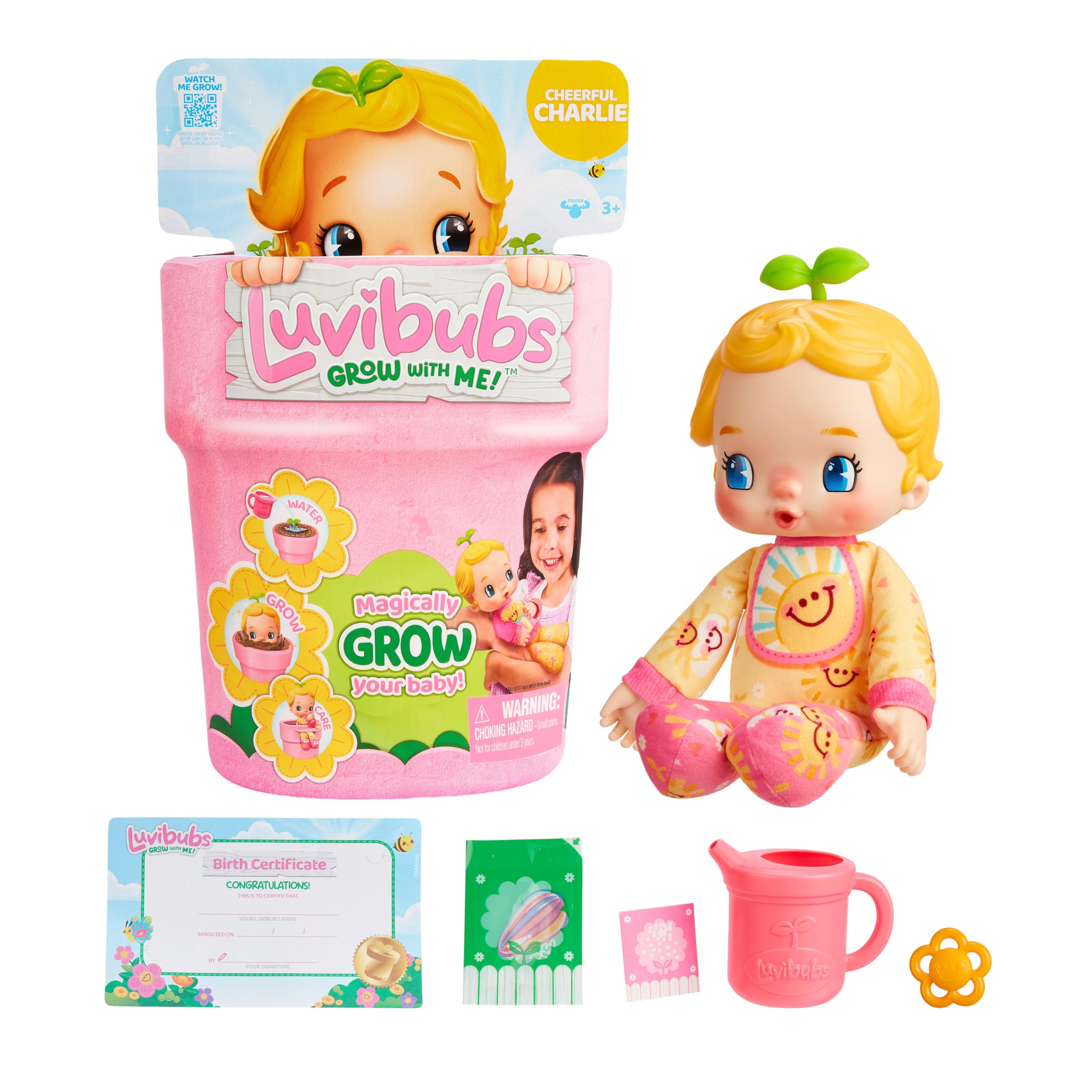 LUVIBUBS Cheerful Charlie Baby Doll Playset - Grows from Pot, Transforms to Highchair, Includes Digital Storybook 1